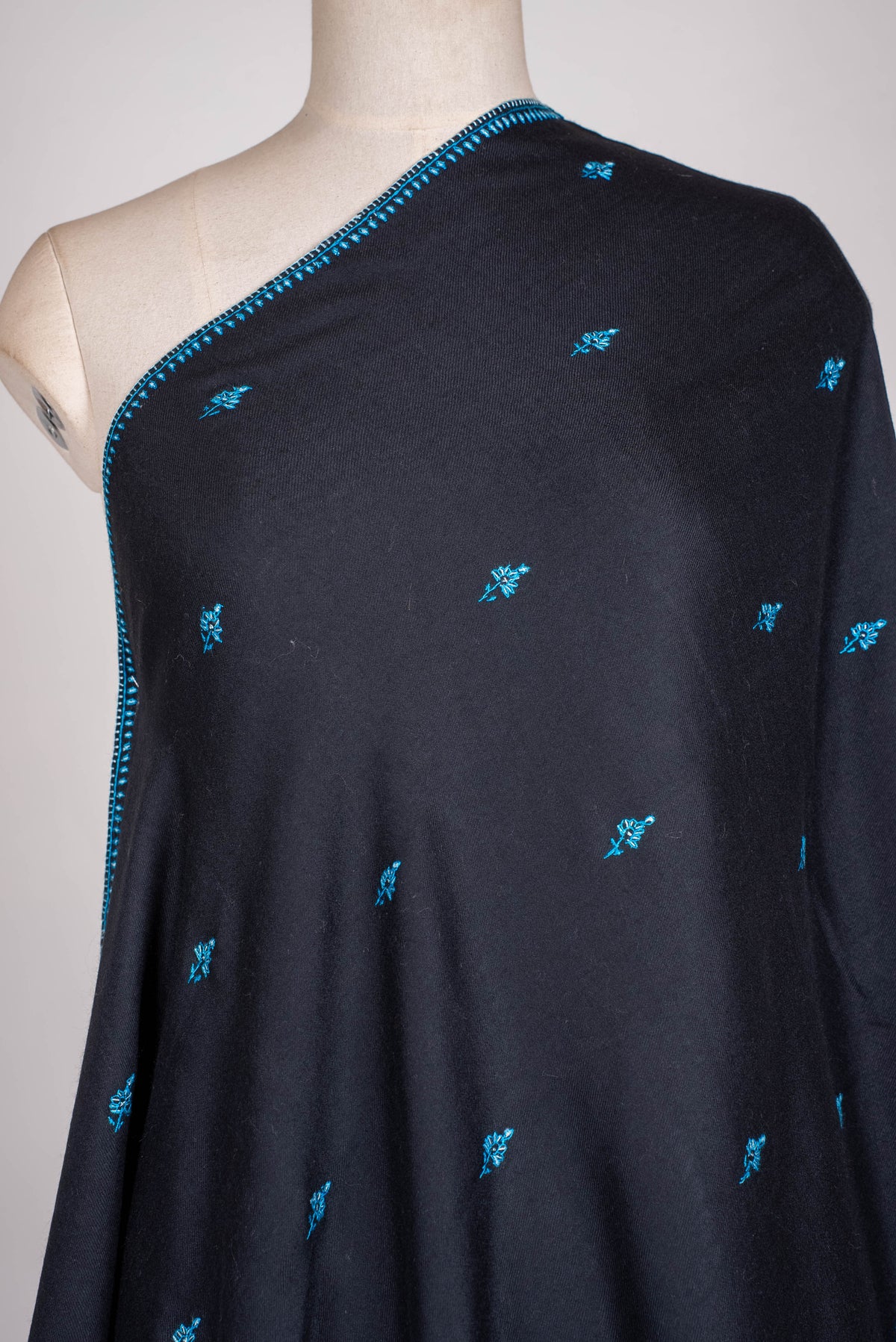 Fine Merino Wool Aari Hand Embroidered Scarf with Turquoise Buti Accents