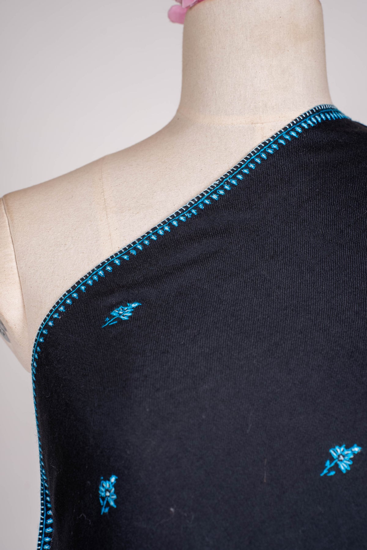 Fine Merino Wool Aari Hand Embroidered Scarf with Turquoise Buti Accents