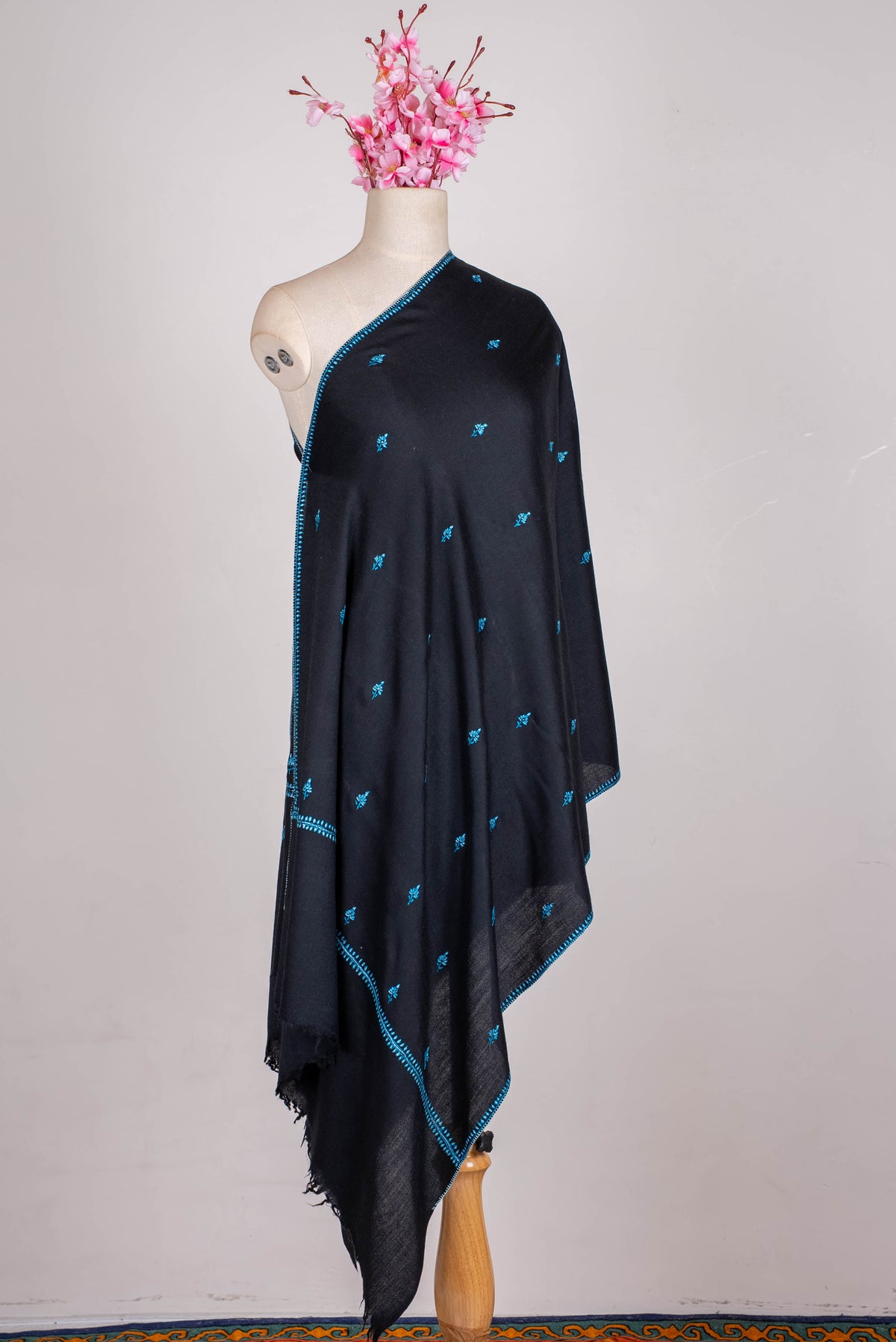 Fine Merino Wool Aari Hand Embroidered Scarf with Turquoise Buti Accents
