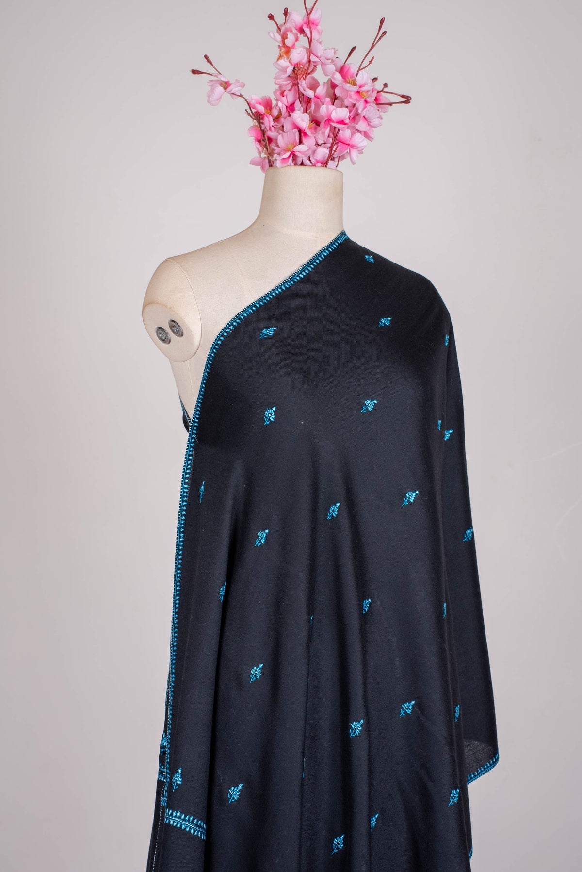 Fine Merino Wool Aari Hand Embroidered Scarf with Turquoise Buti Accents