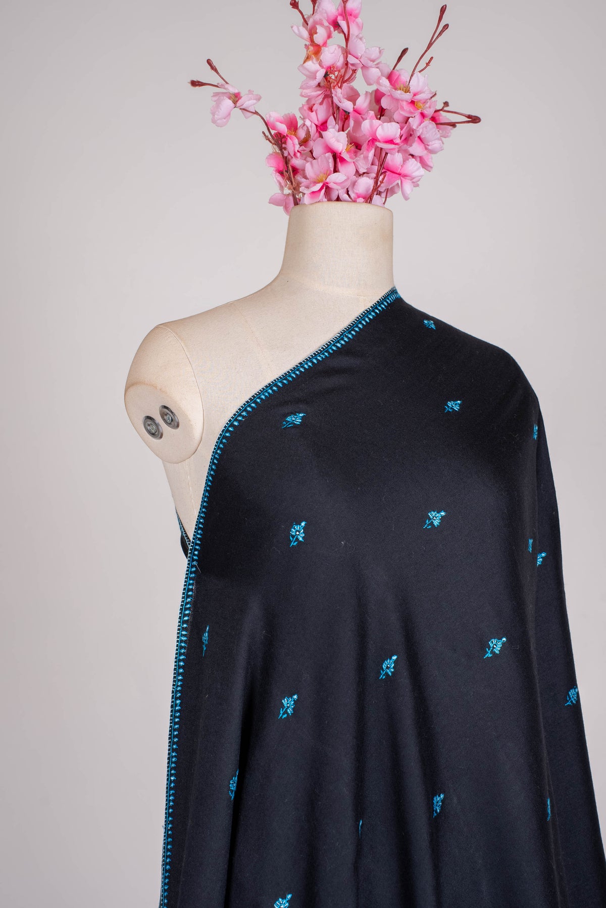 Fine Merino Wool Aari Hand Embroidered Scarf with Turquoise Buti Accents