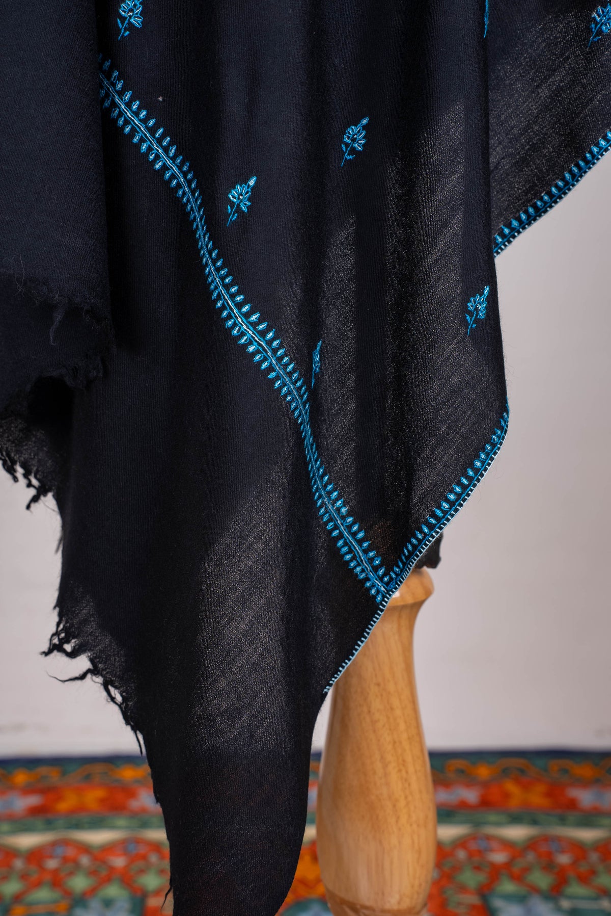 Fine Merino Wool Aari Hand Embroidered Scarf with Turquoise Buti Accents