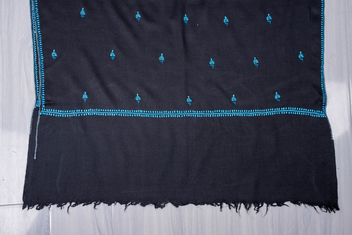 Fine Merino Wool Aari Hand Embroidered Scarf with Turquoise Buti Accents