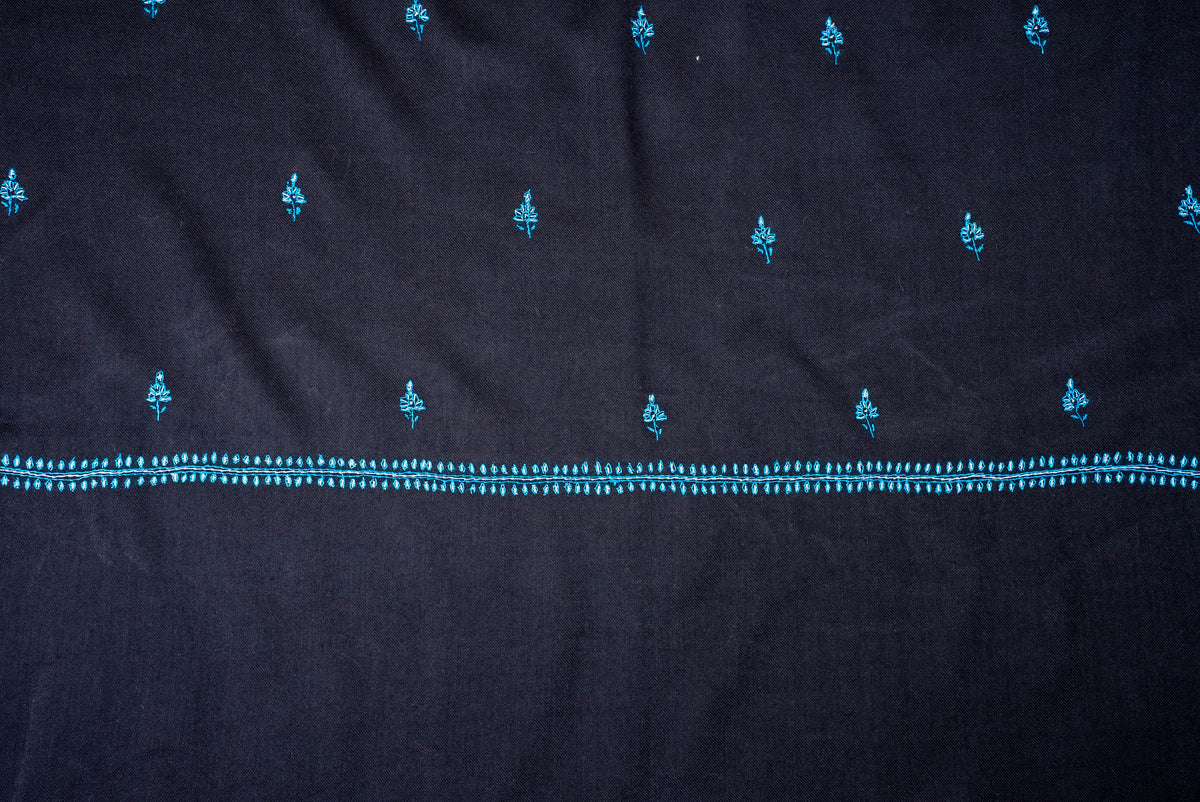 Fine Merino Wool Aari Hand Embroidered Scarf with Turquoise Buti Accents