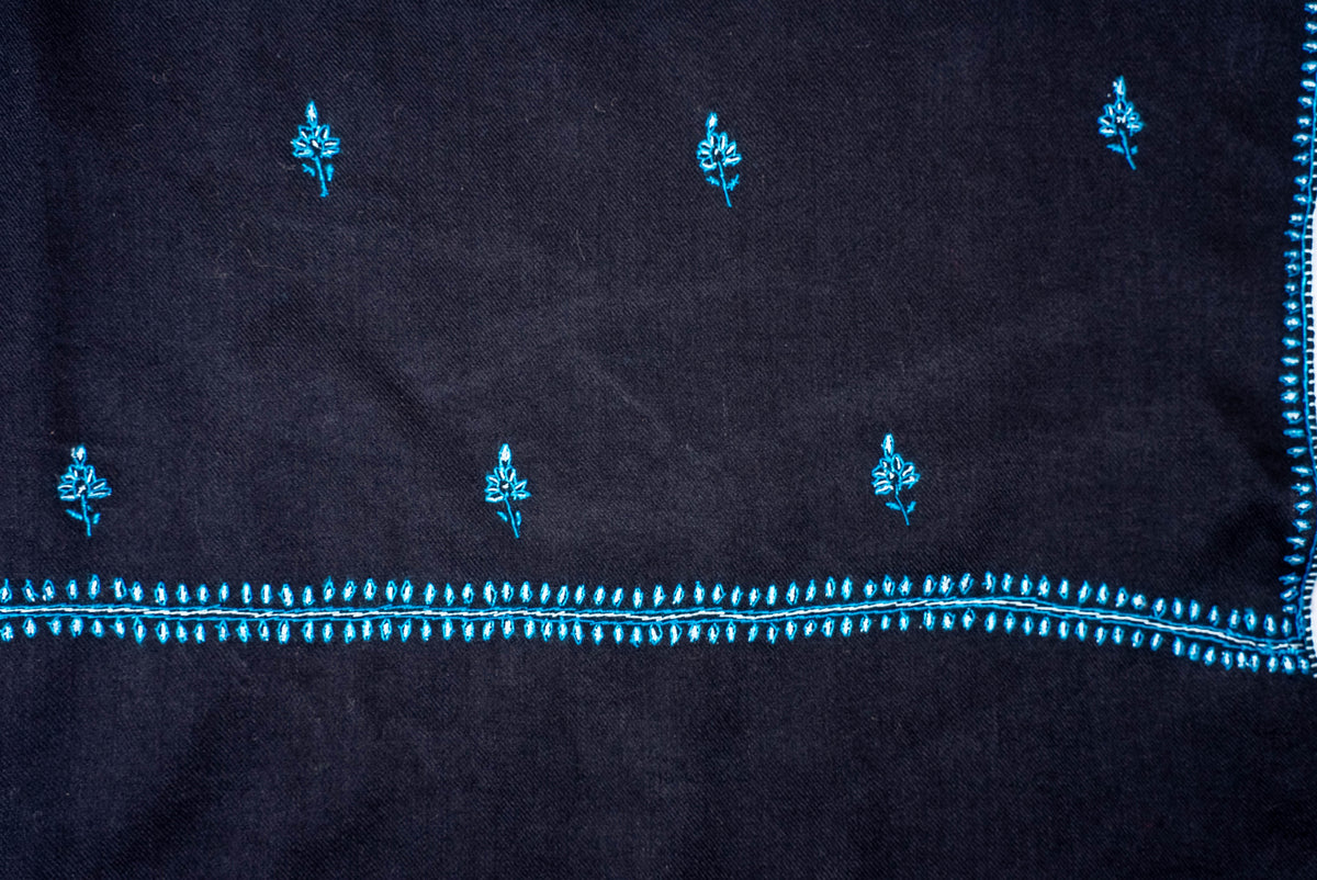 Fine Merino Wool Aari Hand Embroidered Scarf with Turquoise Buti Accents