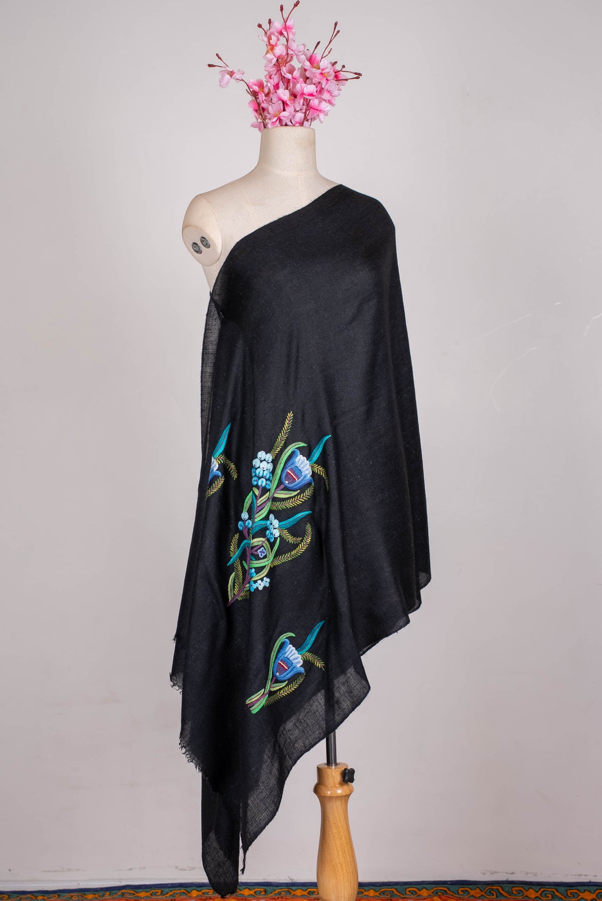 Pure Pashmina Aari Hand Embroidered Scarf with Blue Botanical Motifs