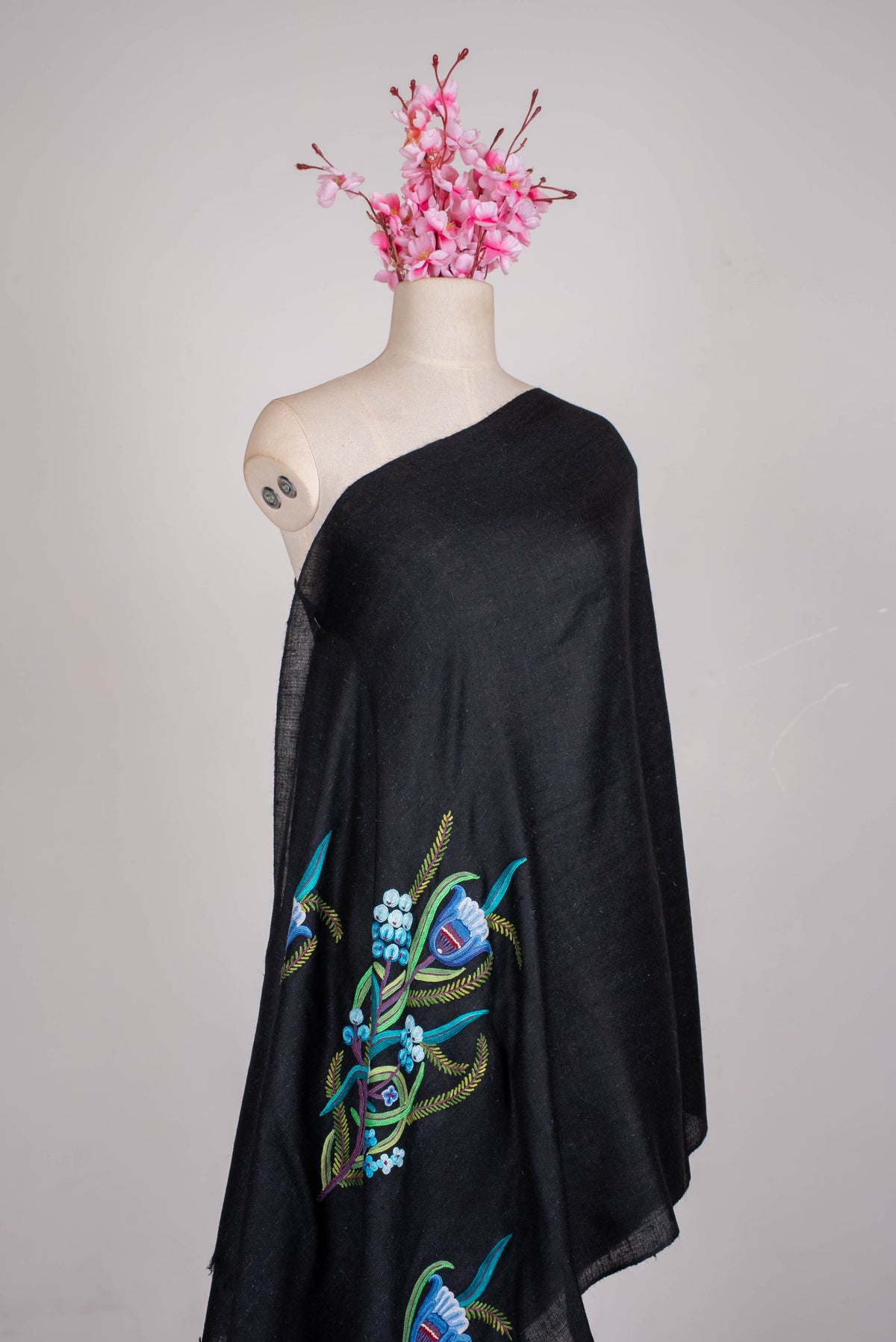 Pure Pashmina Aari Hand Embroidered Scarf with Blue Botanical Motifs