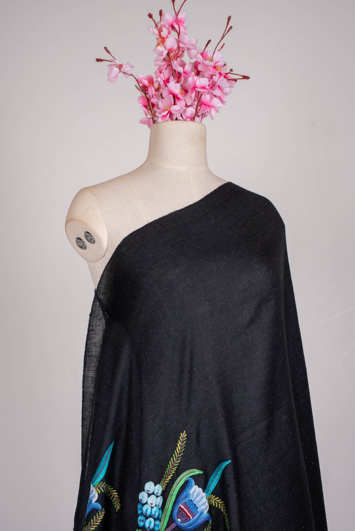 Pure Pashmina Aari Hand Embroidered Scarf with Blue Botanical Motifs