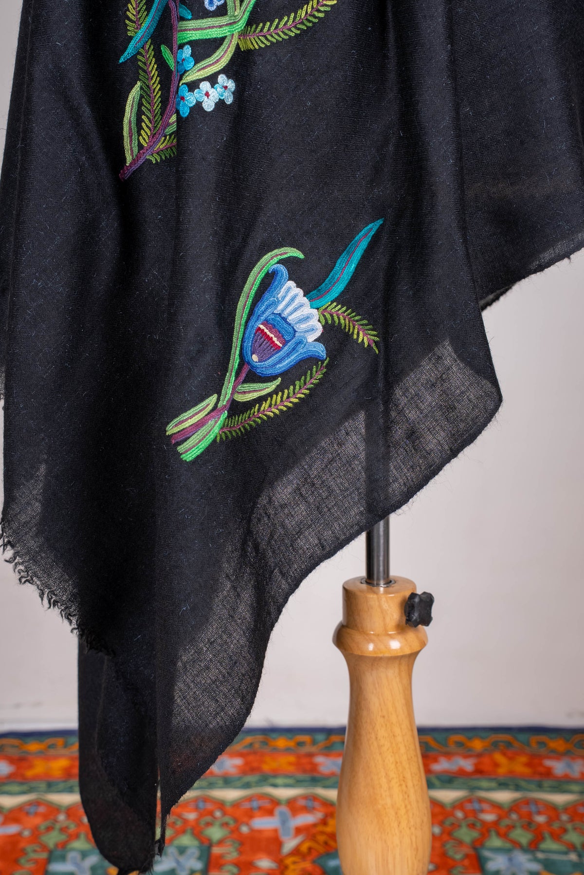 Pure Pashmina Aari Hand Embroidered Scarf with Blue Botanical Motifs