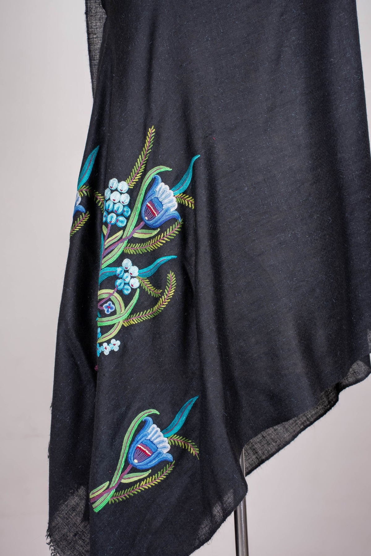 Pure Pashmina Aari Hand Embroidered Scarf with Blue Botanical Motifs