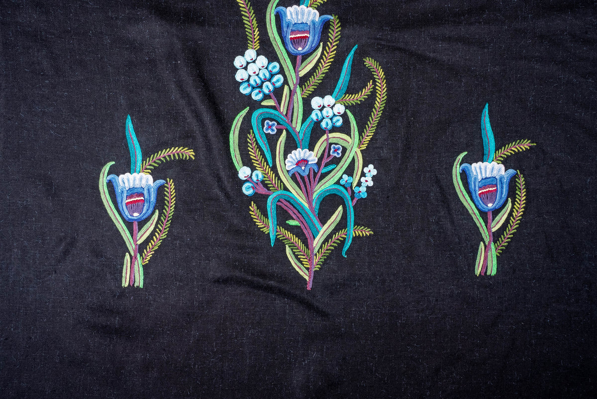 Pure Pashmina Aari Hand Embroidered Scarf with Blue Botanical Motifs