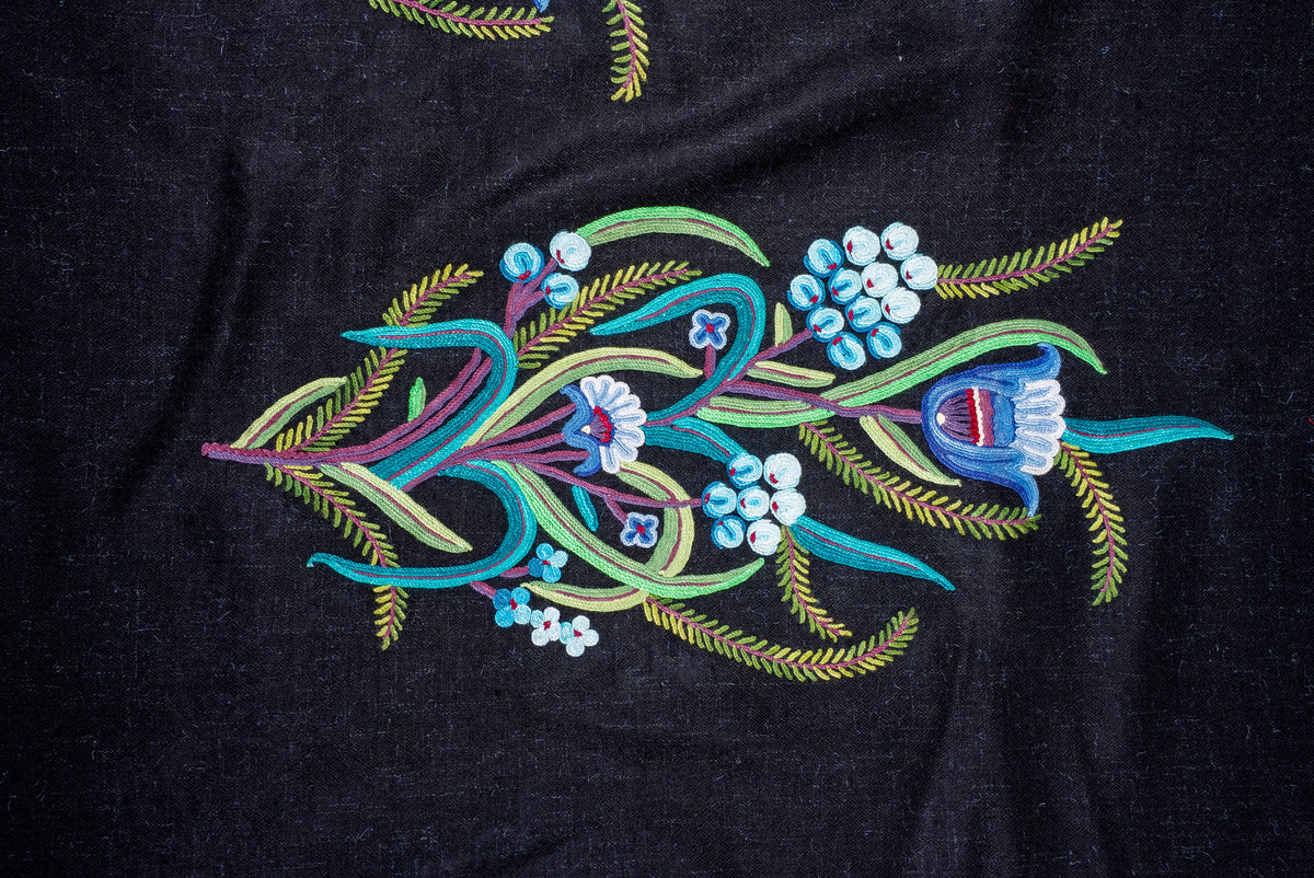 Pure Pashmina Aari Hand Embroidered Scarf with Blue Botanical Motifs