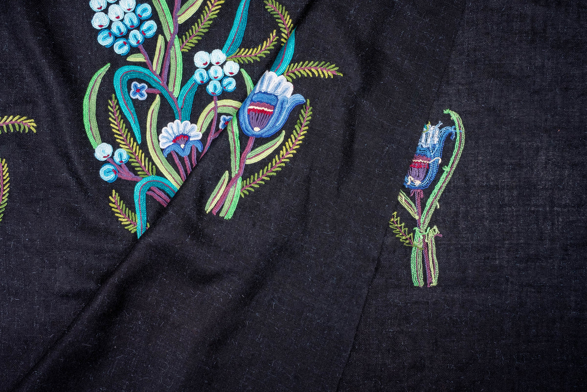 Pure Pashmina Aari Hand Embroidered Scarf with Blue Botanical Motifs