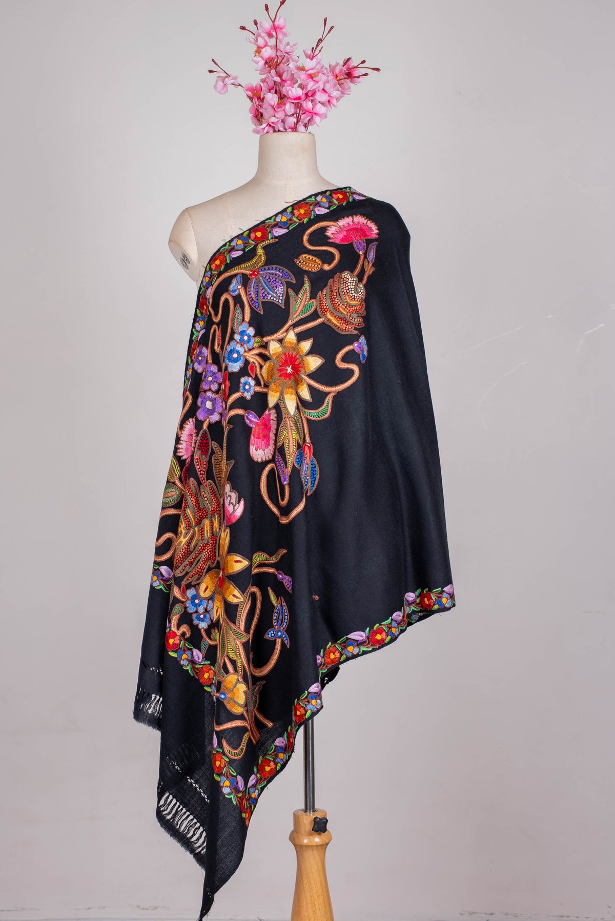 Fine Merino Wool Aari Hand Embroidered Scarf with Multicolor Floral Jaal Design