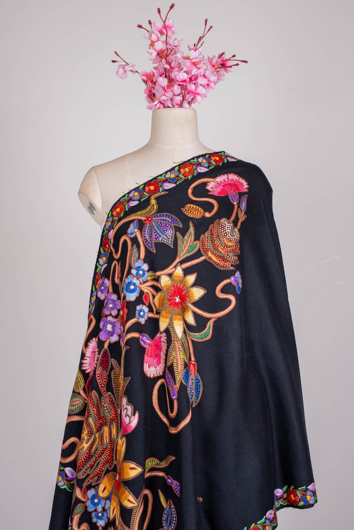 Fine Merino Wool Aari Hand Embroidered Scarf with Multicolor Floral Jaal Design