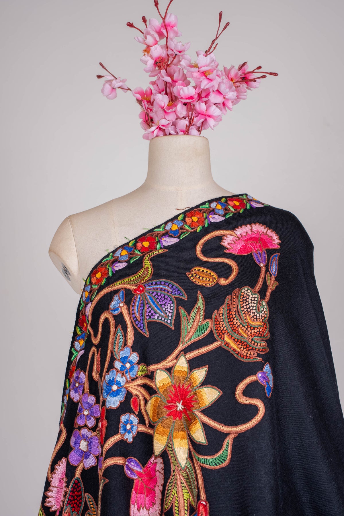 Fine Merino Wool Aari Hand Embroidered Scarf with Multicolor Floral Jaal Design
