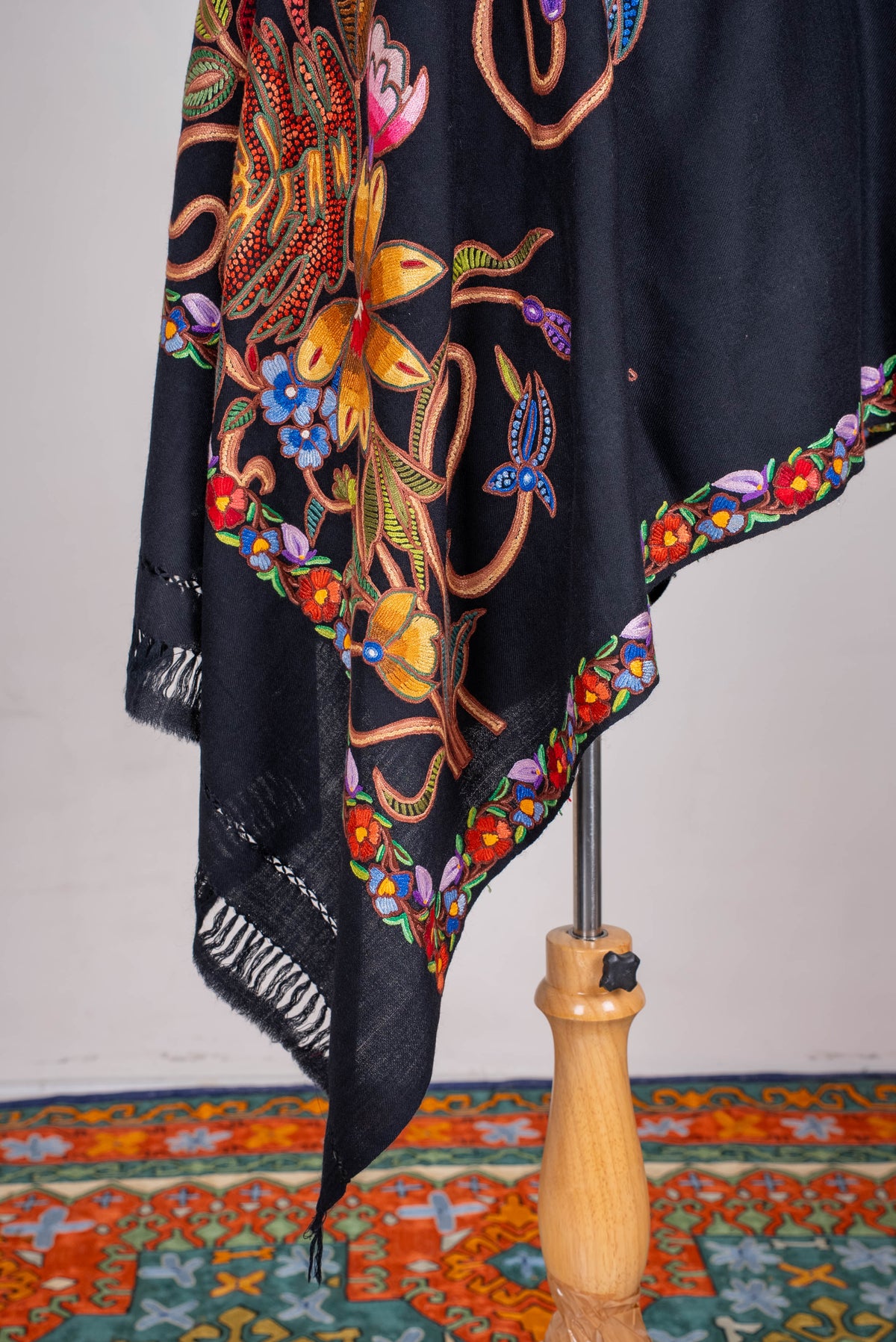 Fine Merino Wool Aari Hand Embroidered Scarf with Multicolor Floral Jaal Design