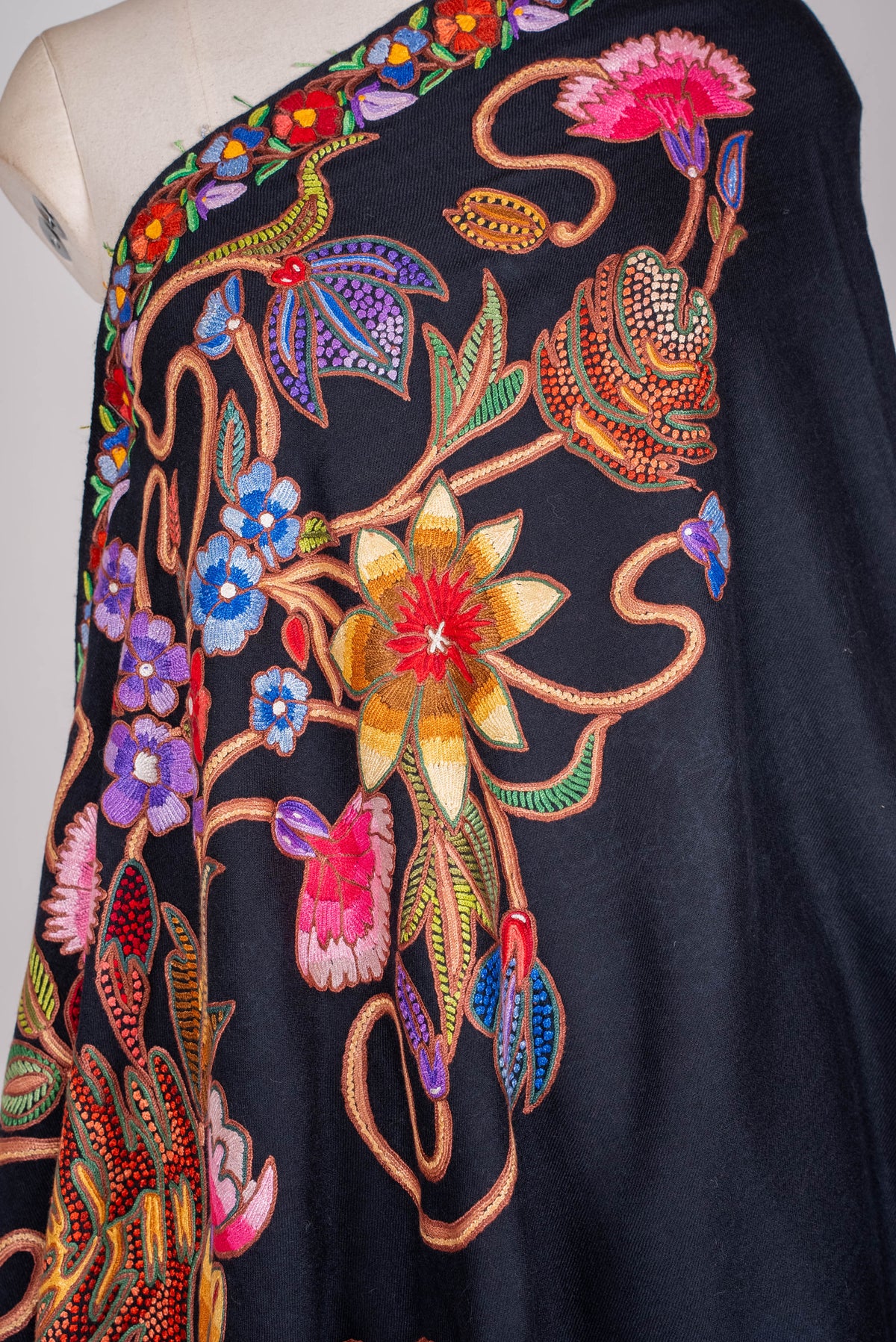 Fine Merino Wool Aari Hand Embroidered Scarf with Multicolor Floral Jaal Design