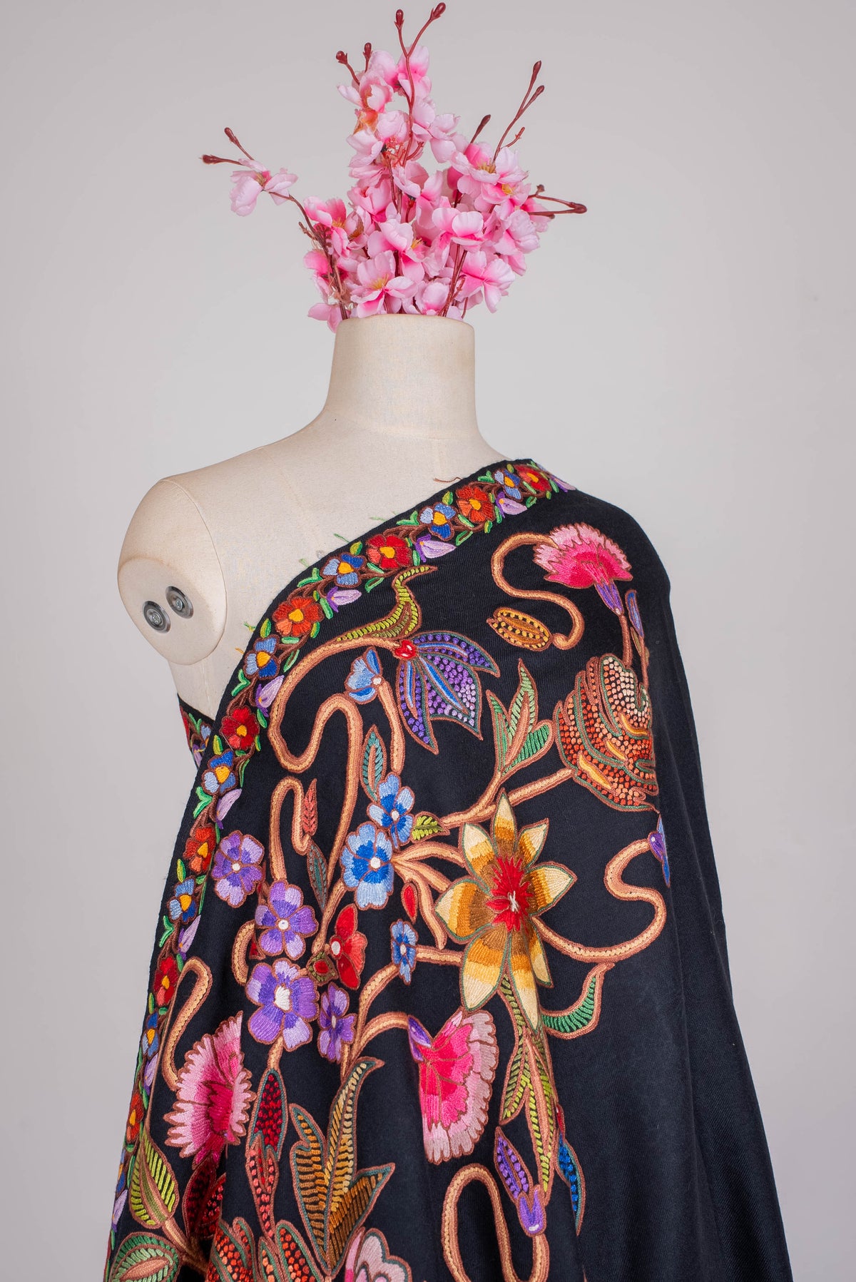 Fine Merino Wool Aari Hand Embroidered Scarf with Multicolor Floral Jaal Design