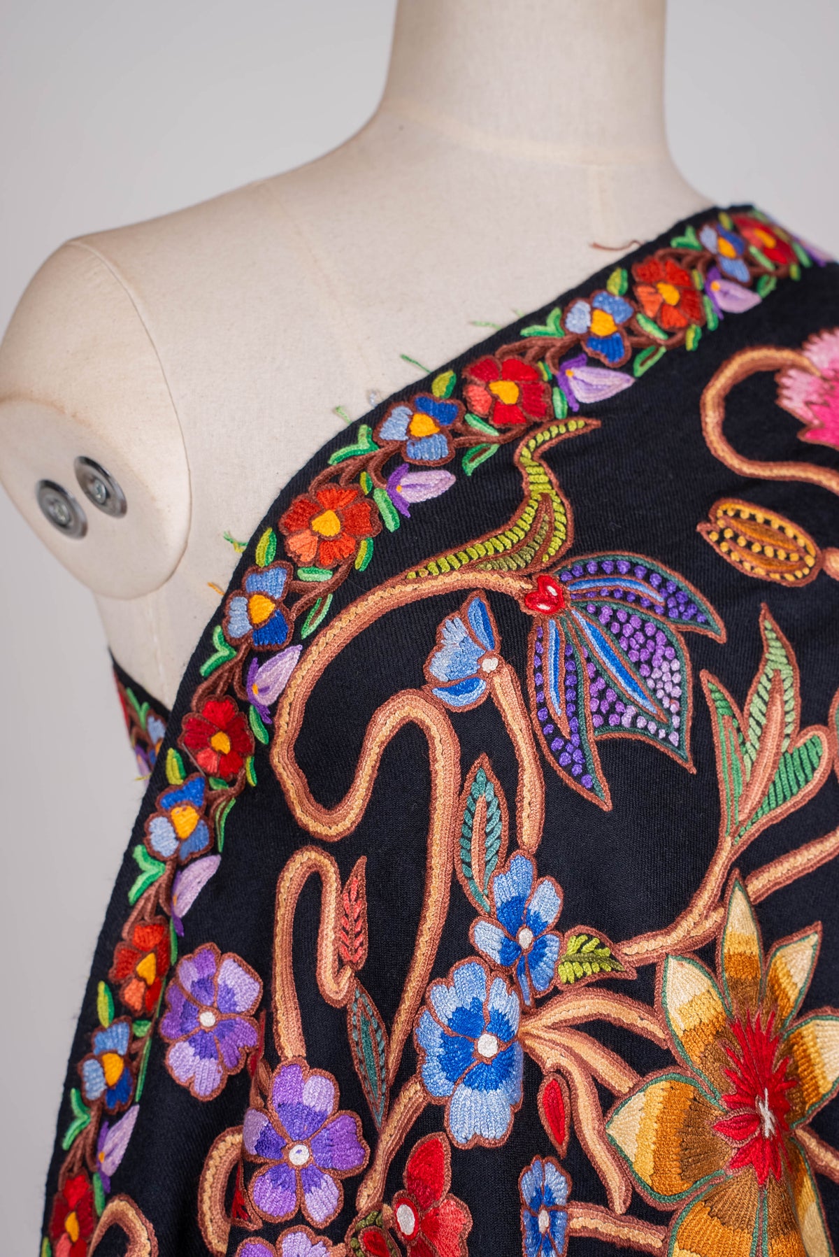 Fine Merino Wool Aari Hand Embroidered Scarf with Multicolor Floral Jaal Design