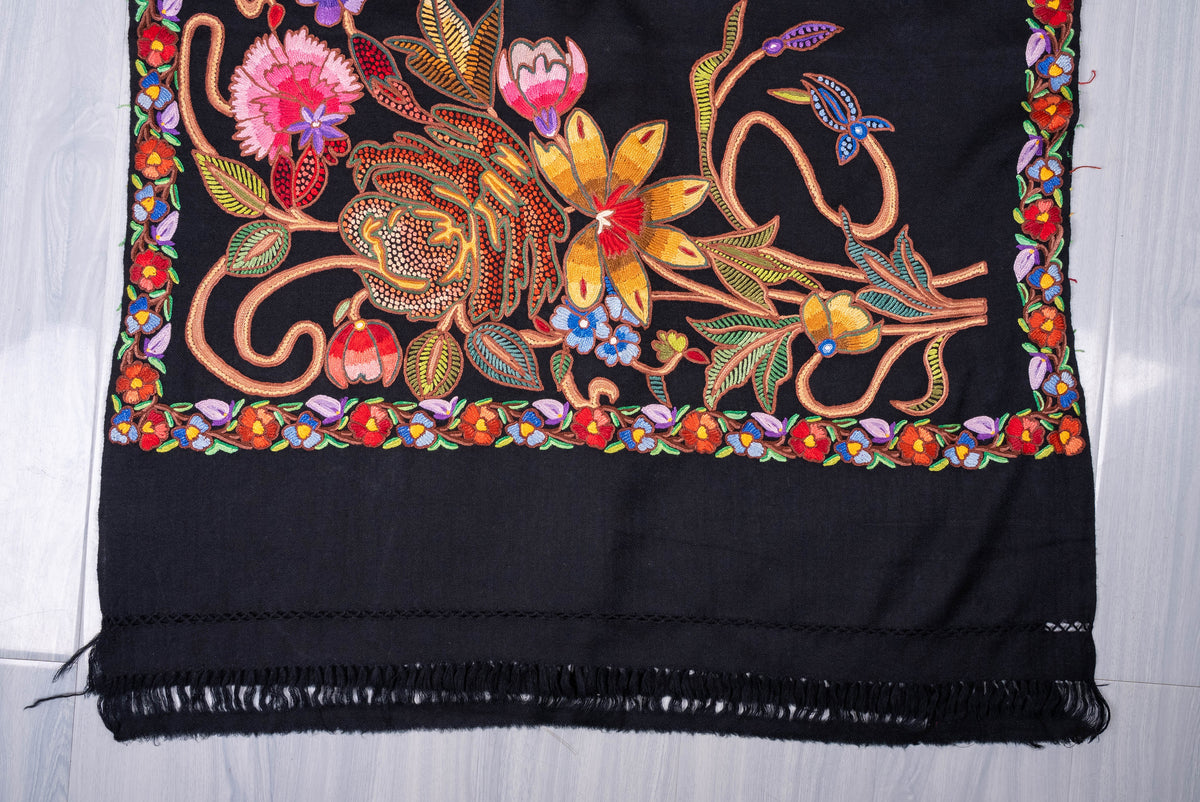 Fine Merino Wool Aari Hand Embroidered Scarf with Multicolor Floral Jaal Design