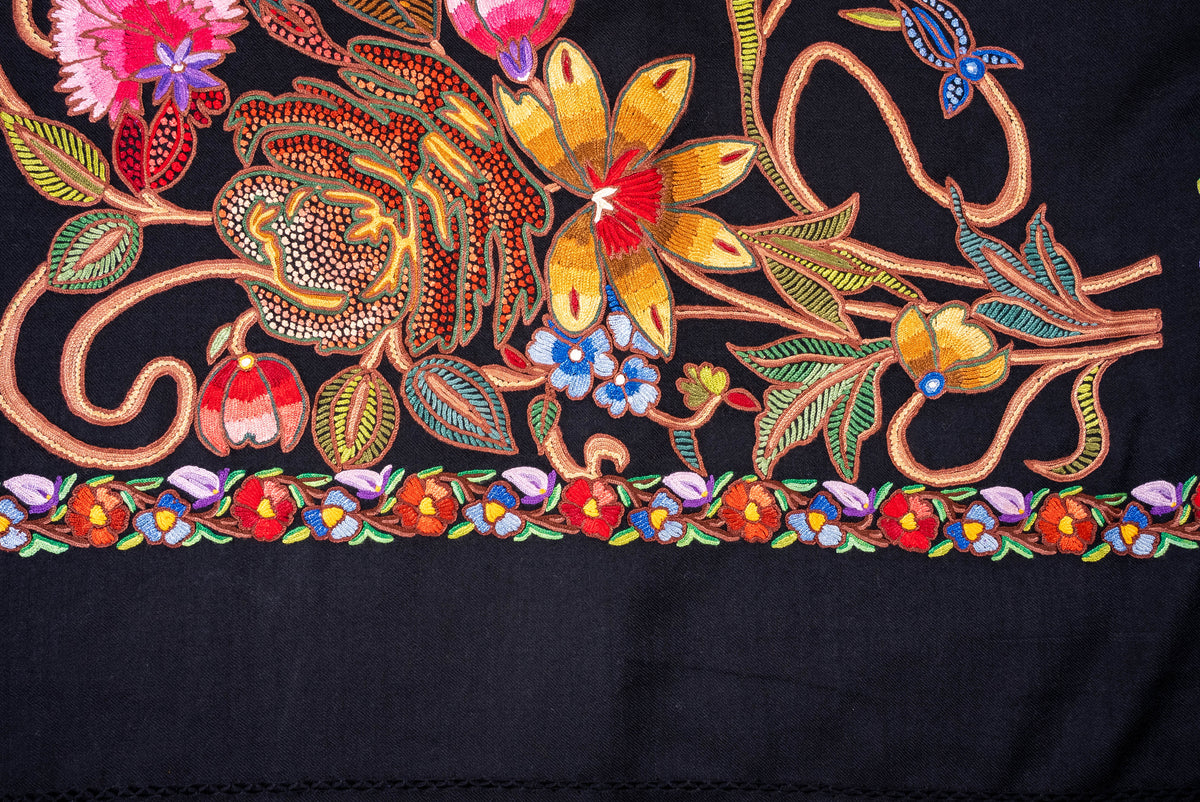 Fine Merino Wool Aari Hand Embroidered Scarf with Multicolor Floral Jaal Design