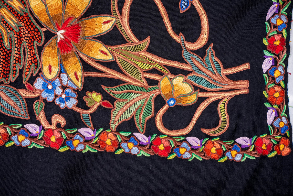 Fine Merino Wool Aari Hand Embroidered Scarf with Multicolor Floral Jaal Design