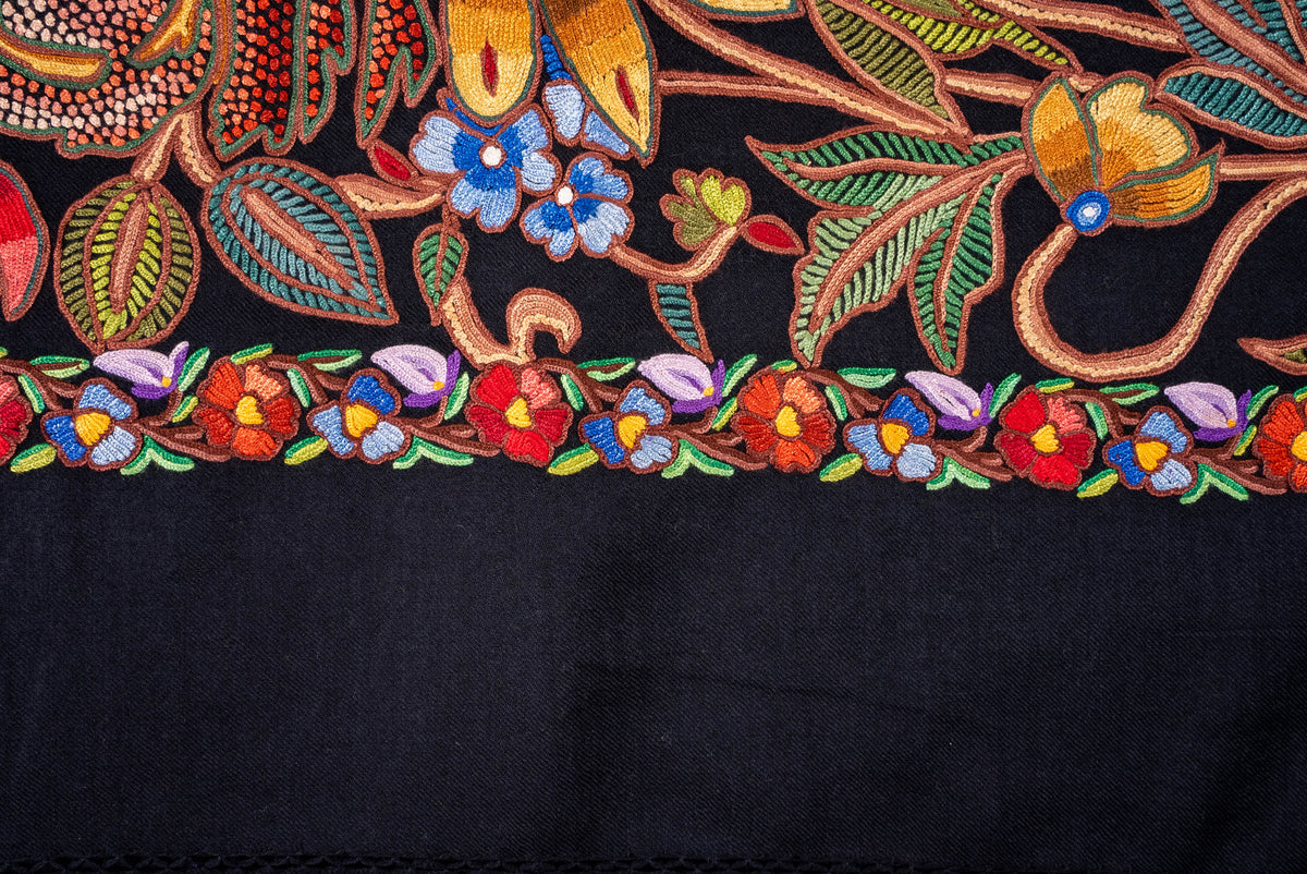 Fine Merino Wool Aari Hand Embroidered Scarf with Multicolor Floral Jaal Design