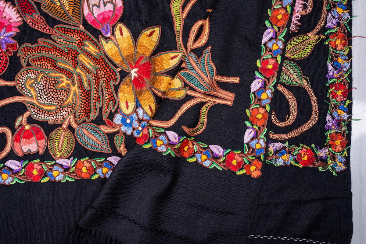 Fine Merino Wool Aari Hand Embroidered Scarf with Multicolor Floral Jaal Design