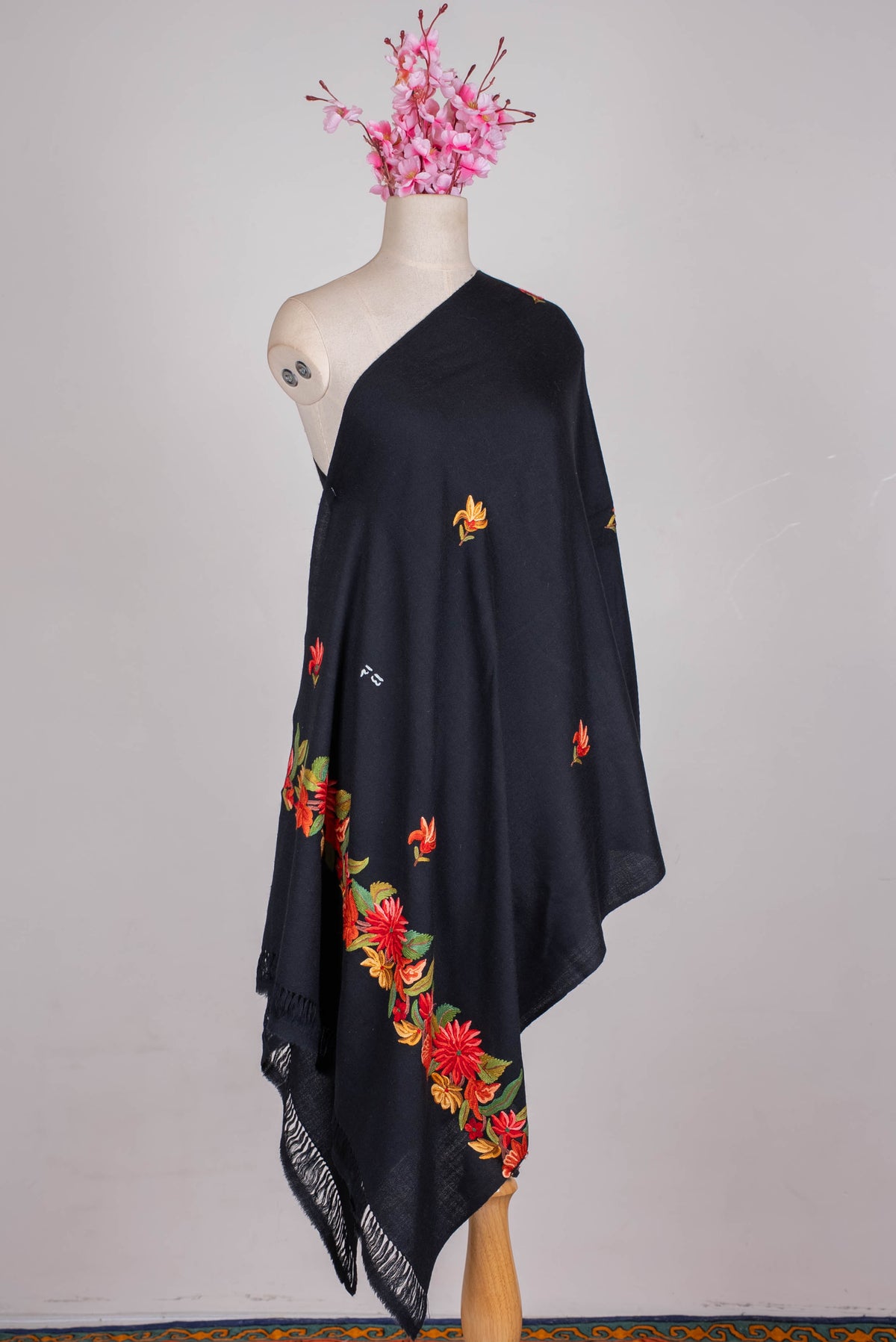 Fine Merino Wool Aari Hand Embroidered Scarf with Fiery Floral Border