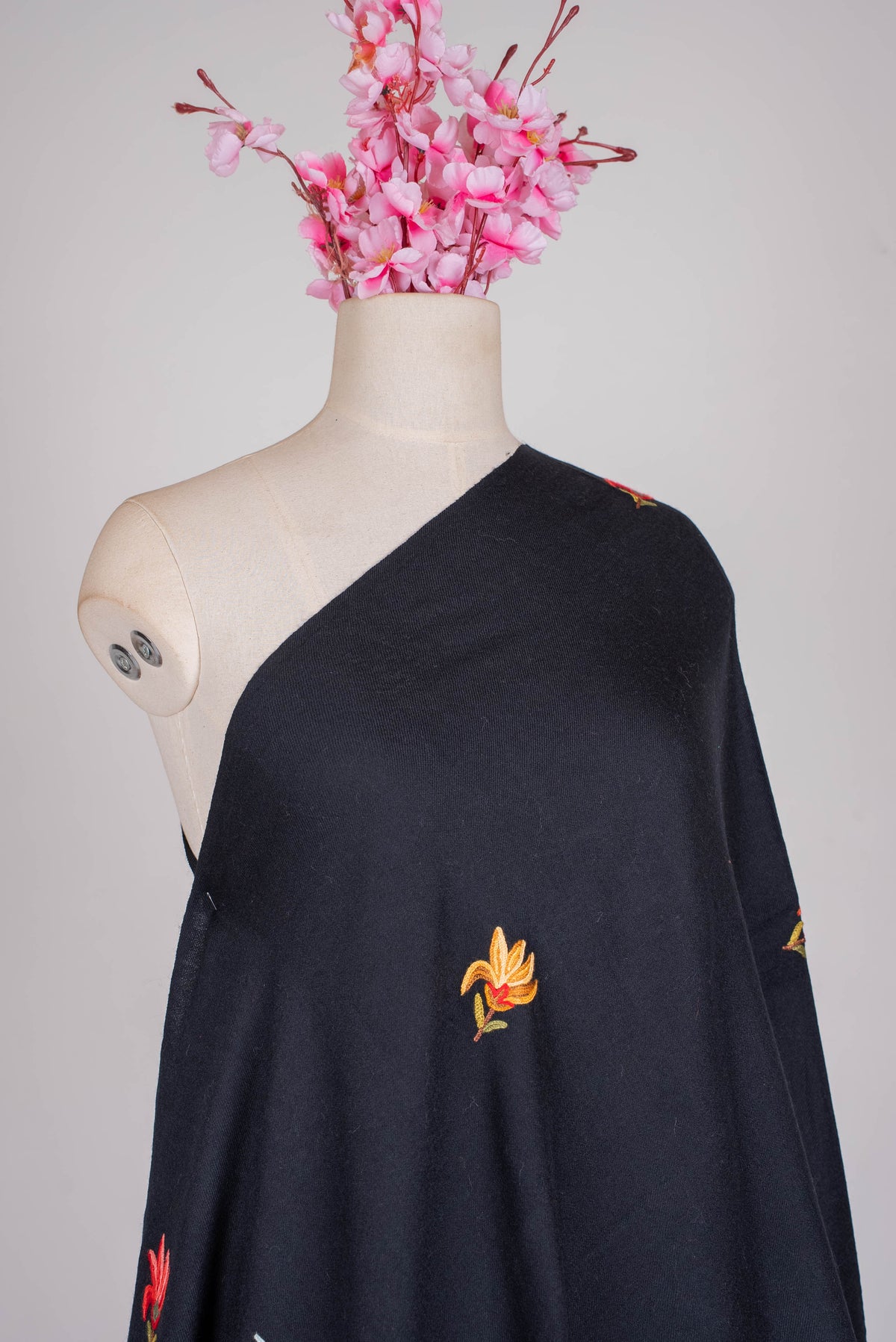 Fine Merino Wool Aari Hand Embroidered Scarf with Fiery Floral Border