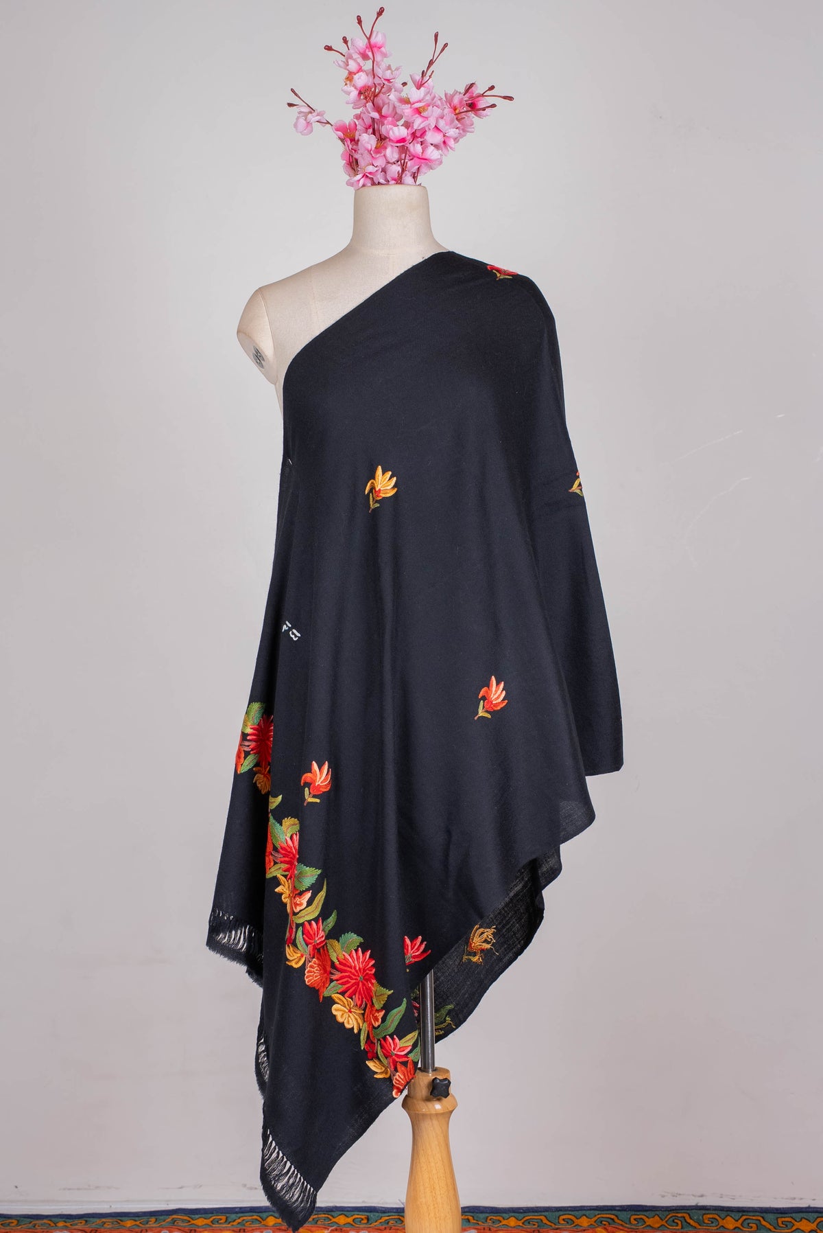 Fine Merino Wool Aari Hand Embroidered Scarf with Fiery Floral Border