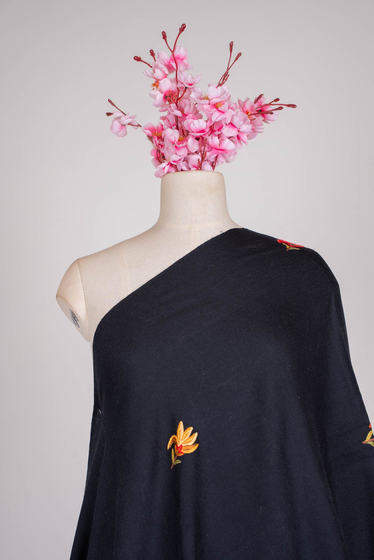 Fine Merino Wool Aari Hand Embroidered Scarf with Fiery Floral Border