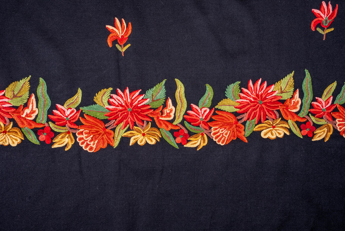 Fine Merino Wool Aari Hand Embroidered Scarf with Fiery Floral Border