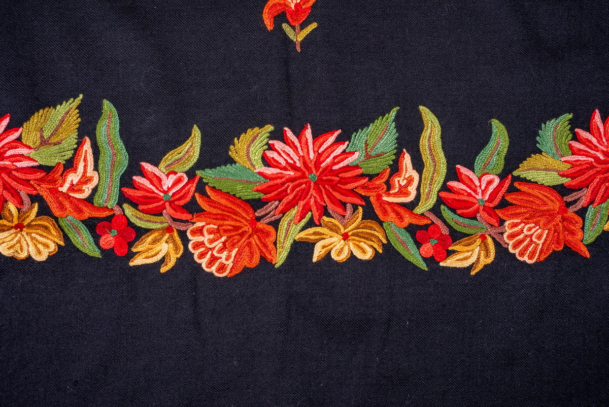 Fine Merino Wool Aari Hand Embroidered Scarf with Fiery Floral Border