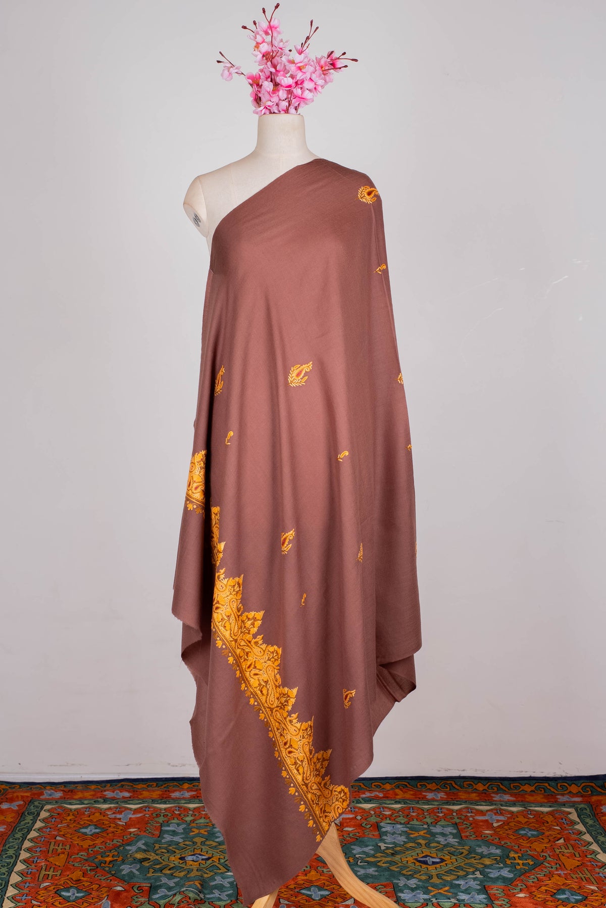 Fine Merino Wool Aari Hand Embroidered Shawl with Mustard Paisley Border