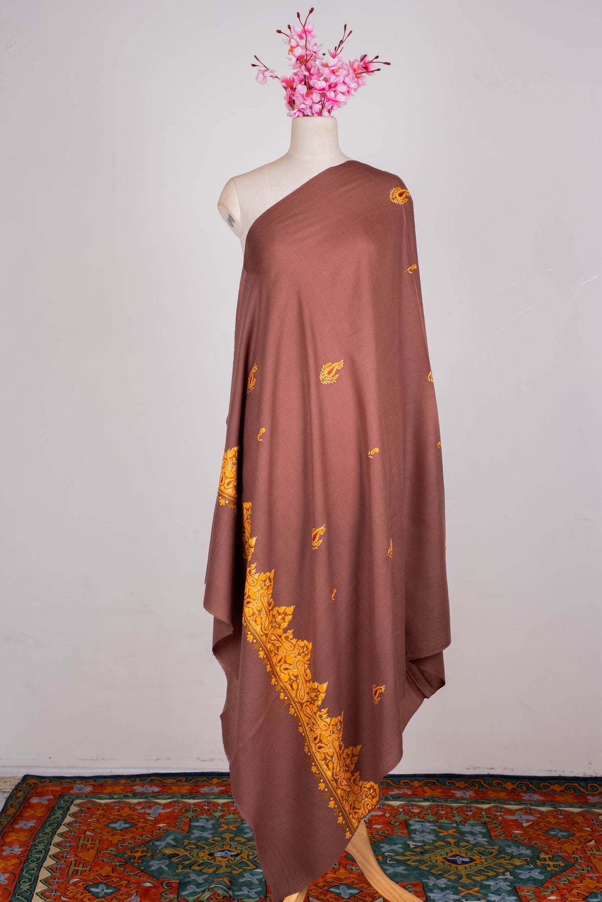 Fine Merino Wool Aari Hand Embroidered Shawl with Mustard Paisley Border