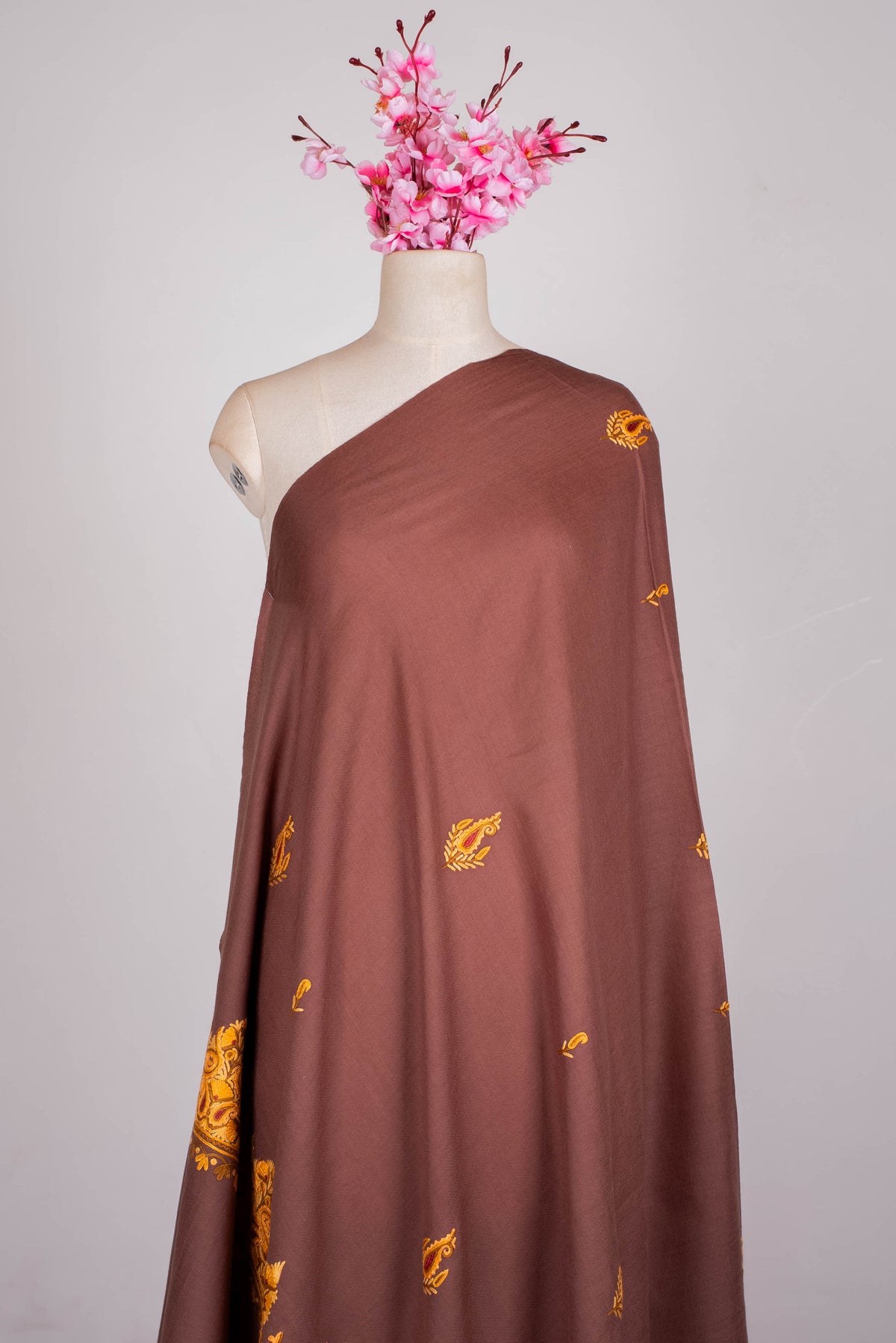 Fine Merino Wool Aari Hand Embroidered Shawl with Mustard Paisley Border