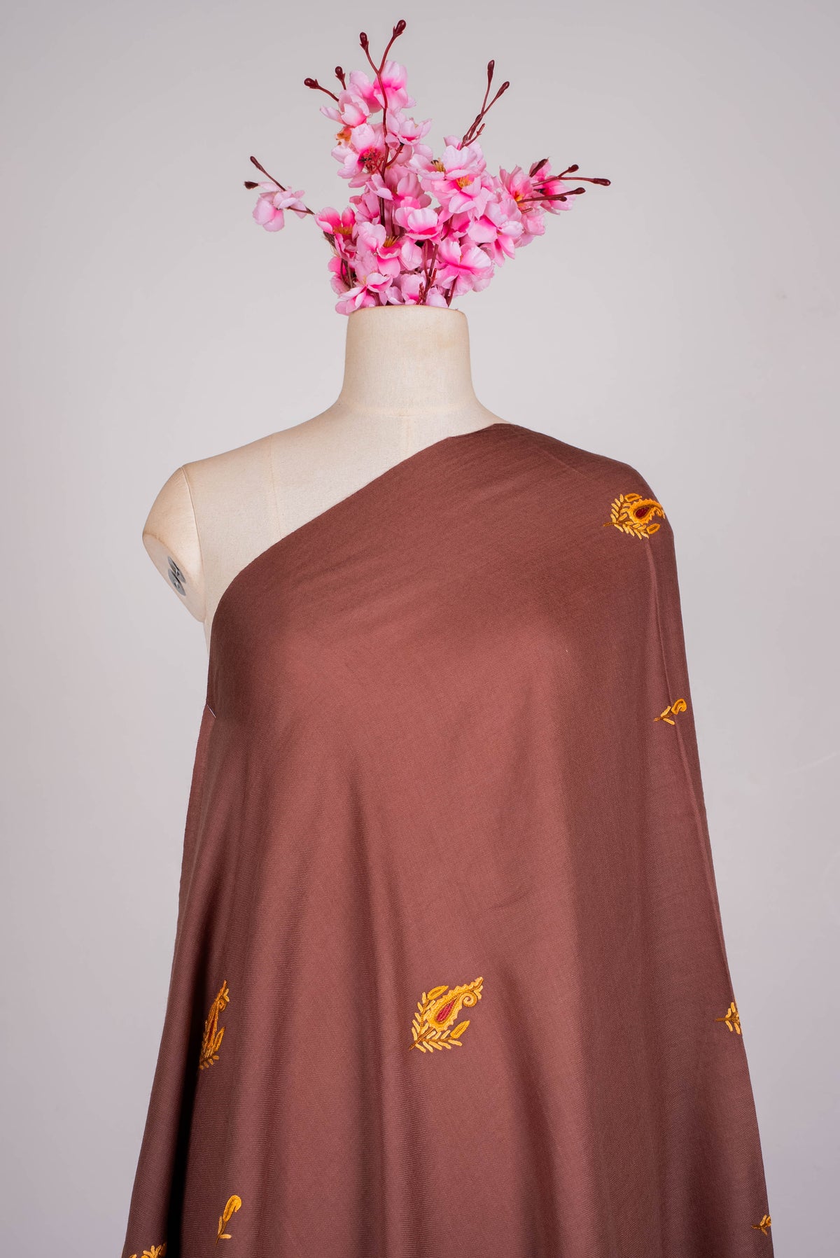 Fine Merino Wool Aari Hand Embroidered Shawl with Mustard Paisley Border