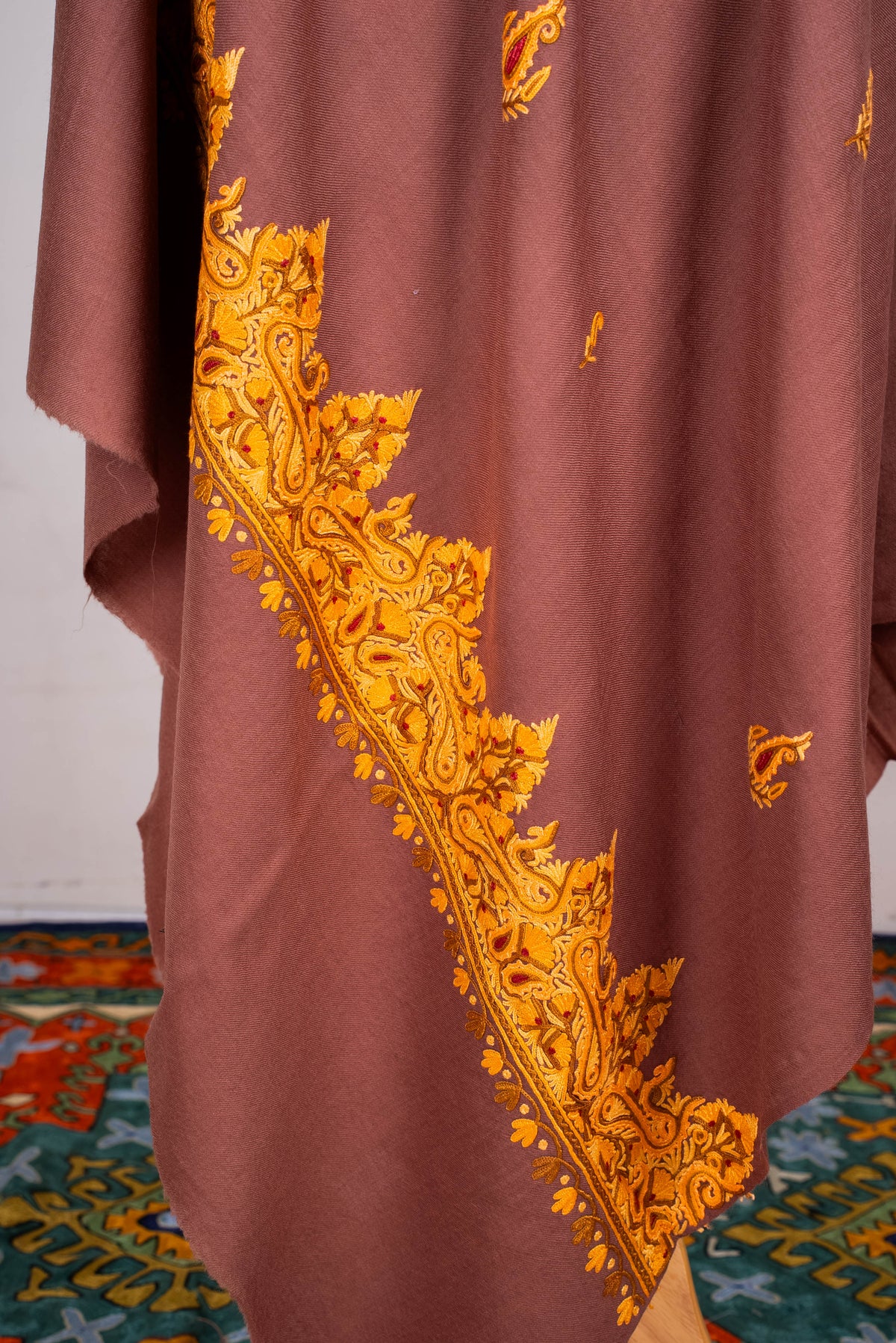 Fine Merino Wool Aari Hand Embroidered Shawl with Mustard Paisley Border