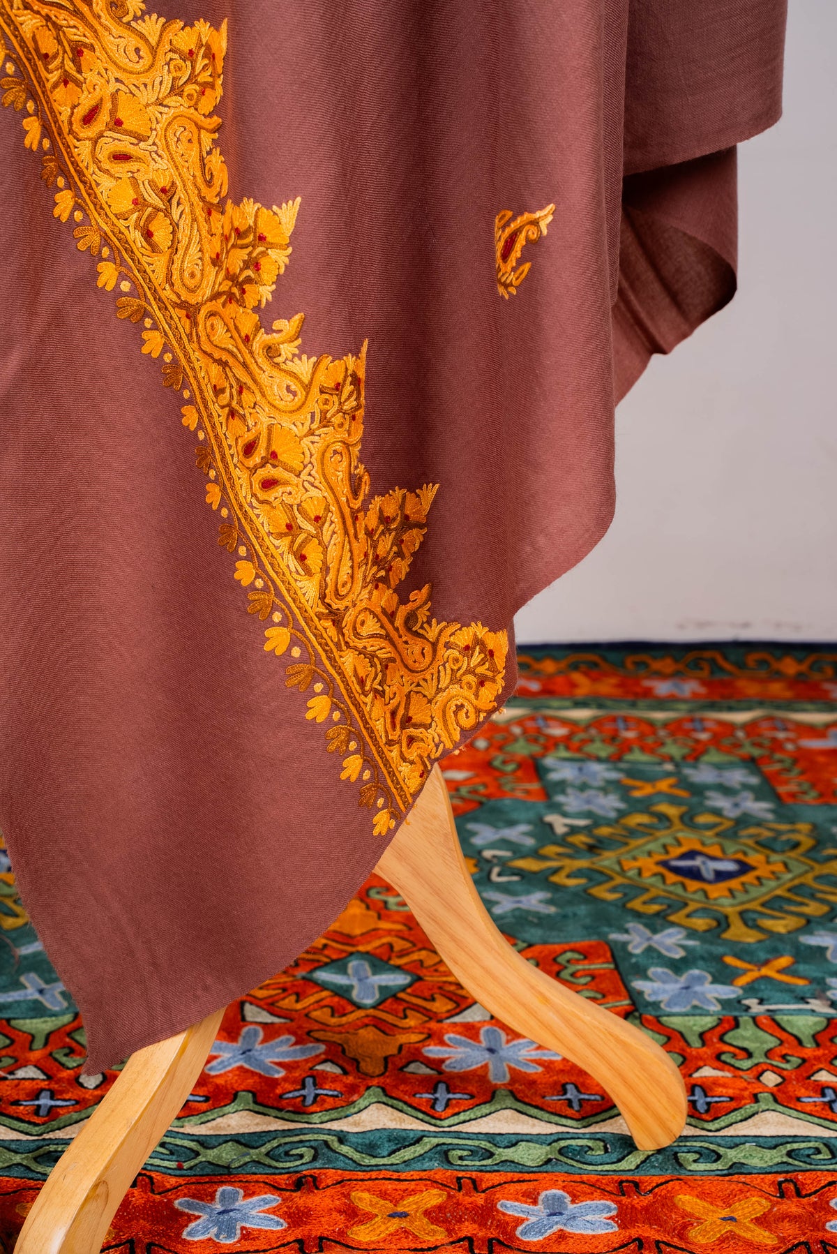 Fine Merino Wool Aari Hand Embroidered Shawl with Mustard Paisley Border