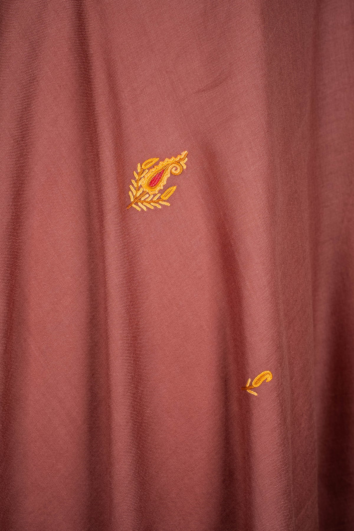 Fine Merino Wool Aari Hand Embroidered Shawl with Mustard Paisley Border