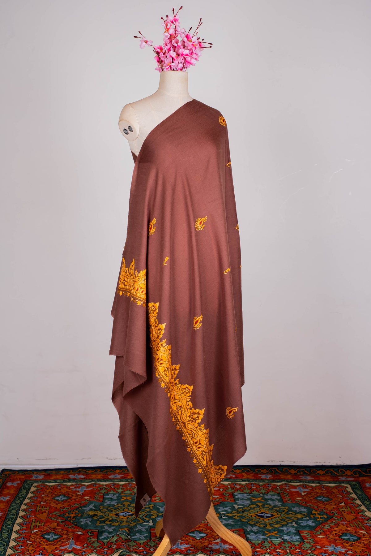 Fine Merino Wool Aari Hand Embroidered Shawl with Mustard Paisley Border