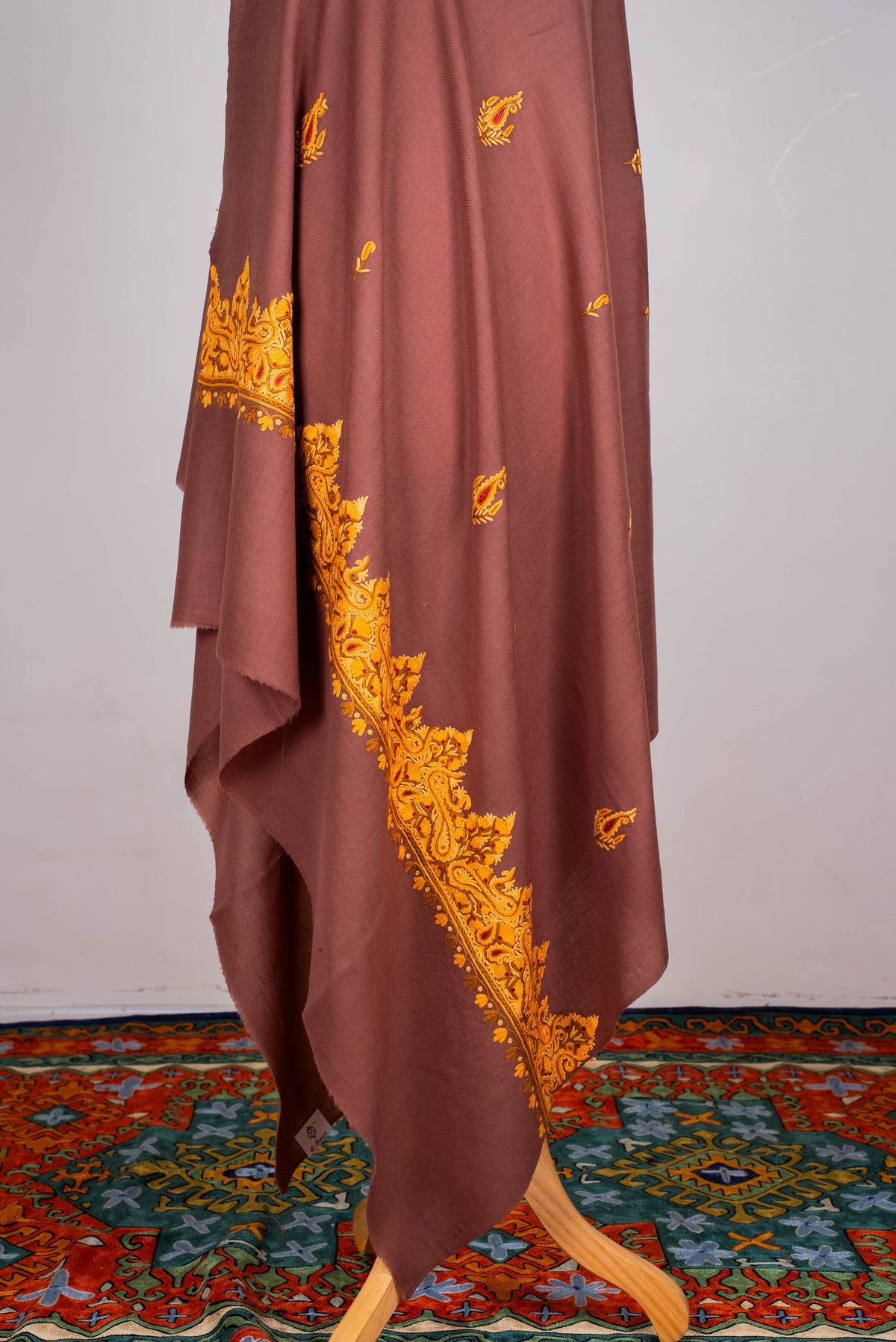 Fine Merino Wool Aari Hand Embroidered Shawl with Mustard Paisley Border