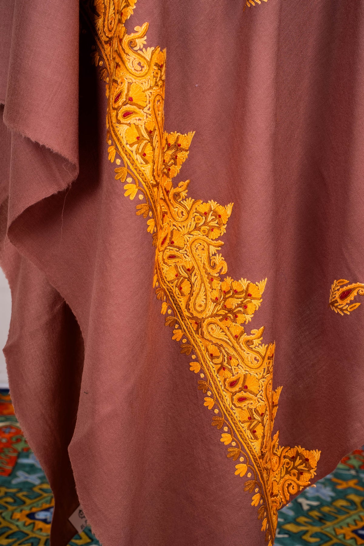 Fine Merino Wool Aari Hand Embroidered Shawl with Mustard Paisley Border