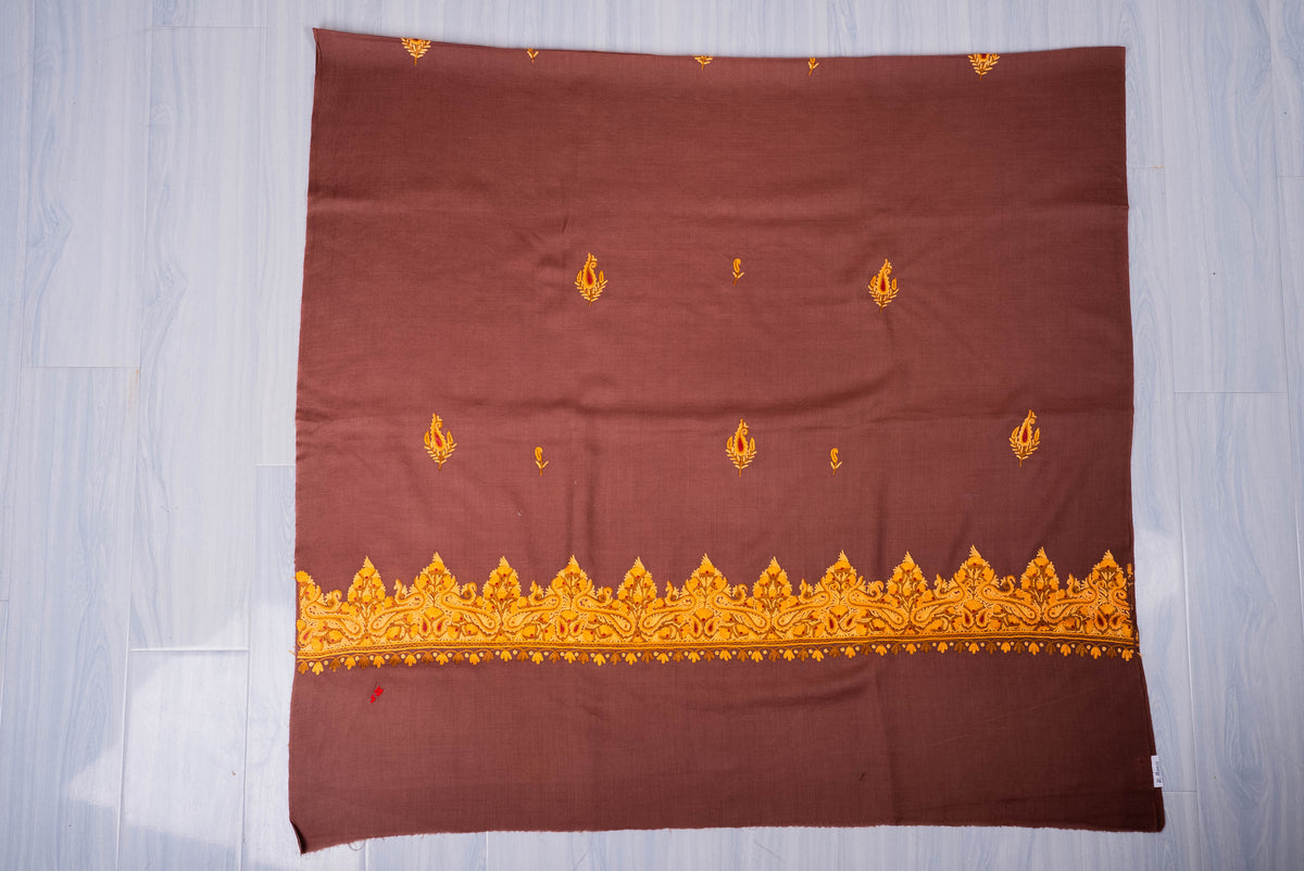Fine Merino Wool Aari Hand Embroidered Shawl with Mustard Paisley Border