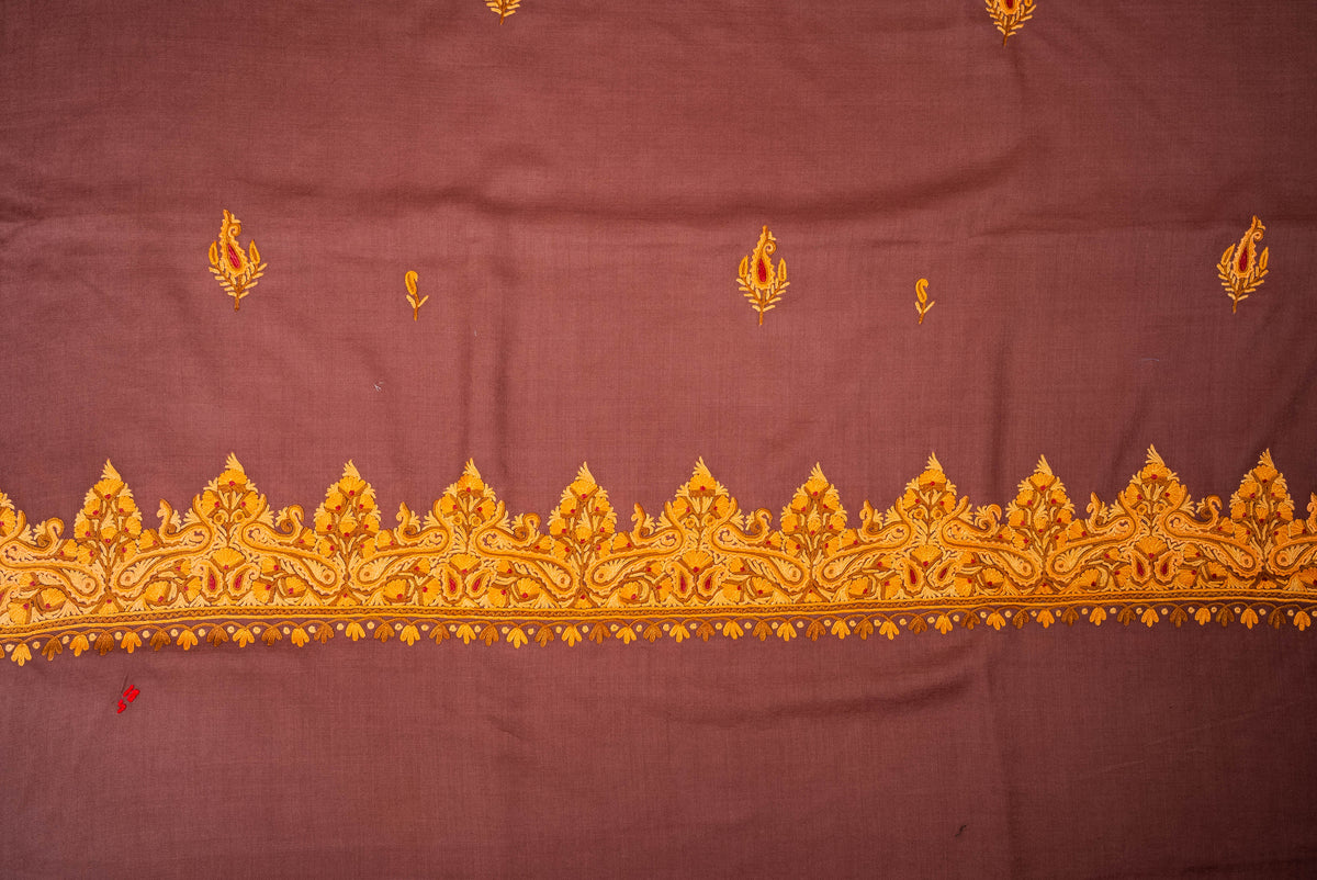 Fine Merino Wool Aari Hand Embroidered Shawl with Mustard Paisley Border