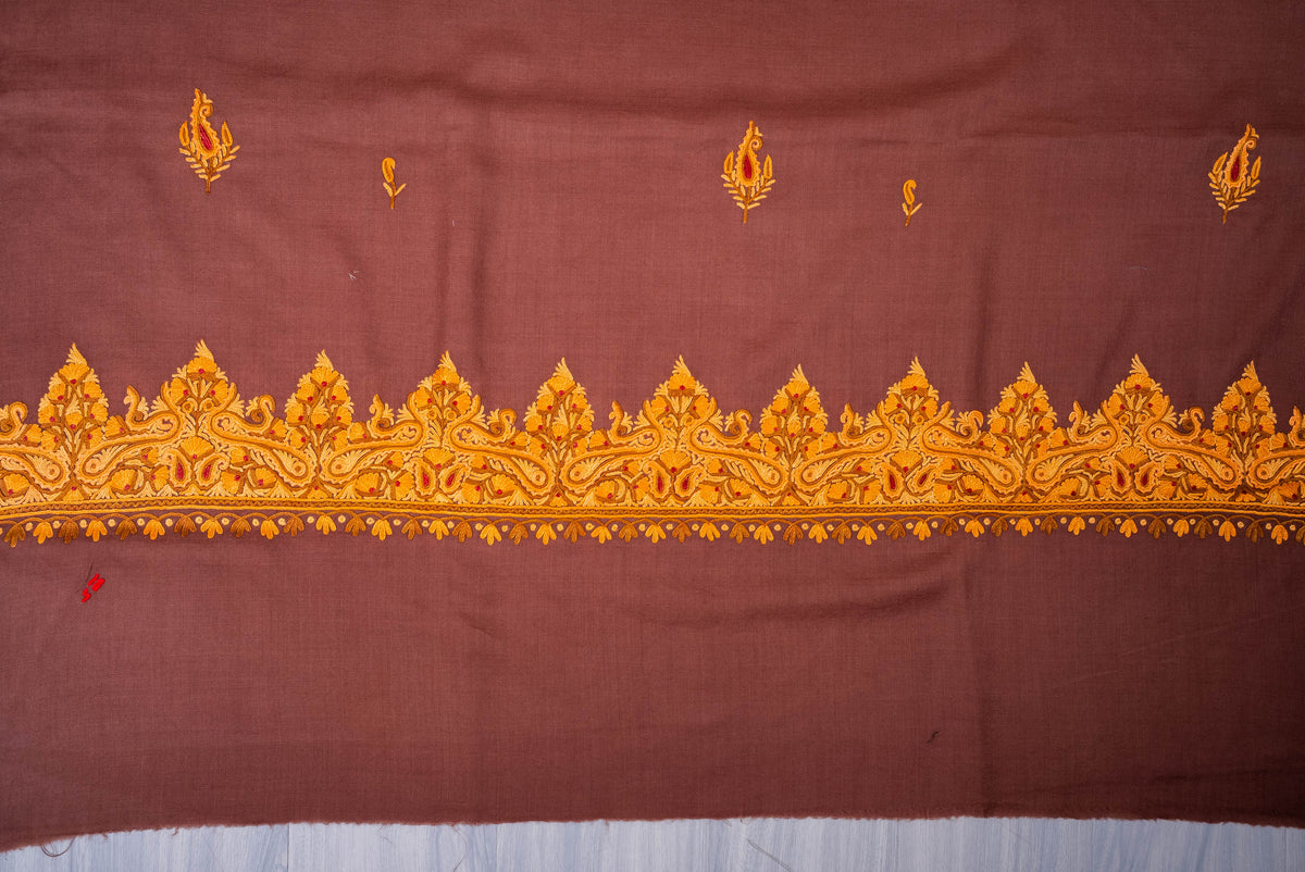 Fine Merino Wool Aari Hand Embroidered Shawl with Mustard Paisley Border