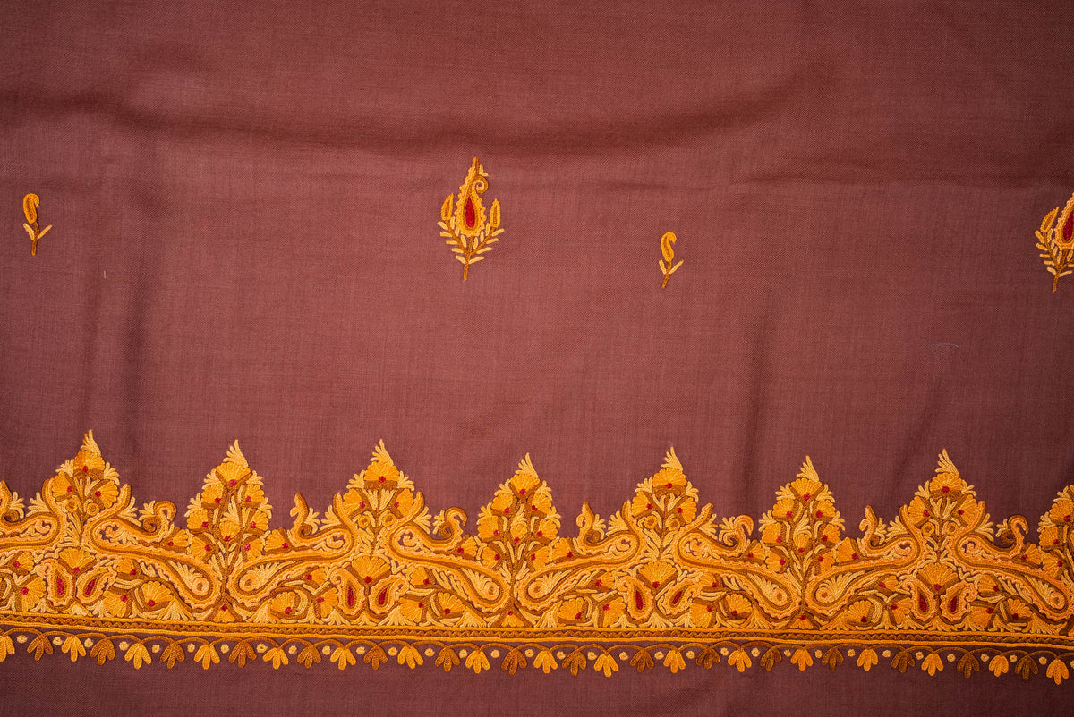 Fine Merino Wool Aari Hand Embroidered Shawl with Mustard Paisley Border