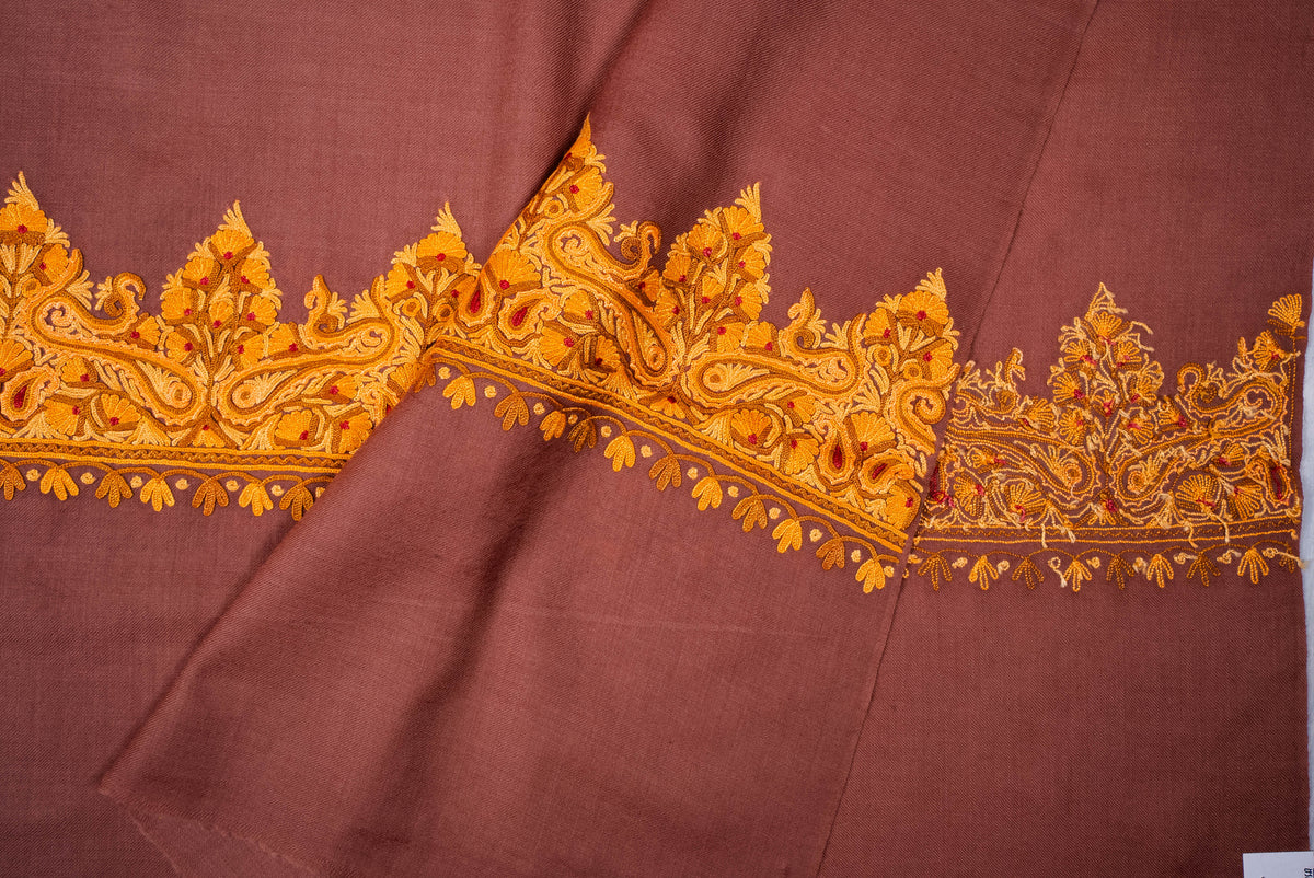 Fine Merino Wool Aari Hand Embroidered Shawl with Mustard Paisley Border